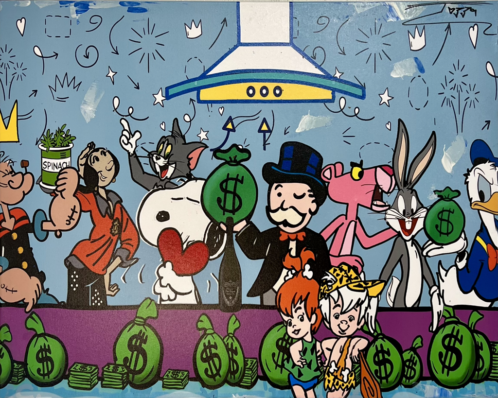 Jozza, The Last Lunch: cartoon gathering beneath an overhead hood with a purple counter and rows of green money bags.