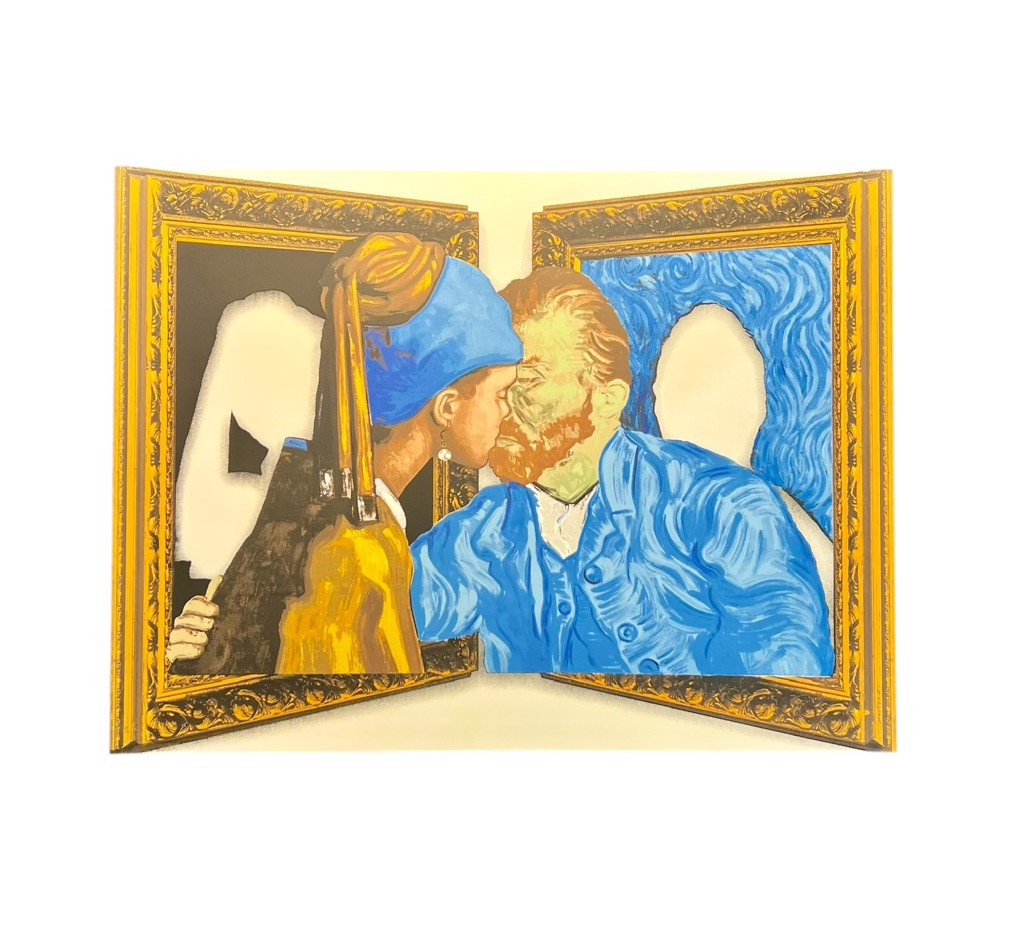 Hijack Kissing Booth: Girl with a Pearl Earring and Van Gogh portrait figures leaning out of gold-colored frames to kiss.