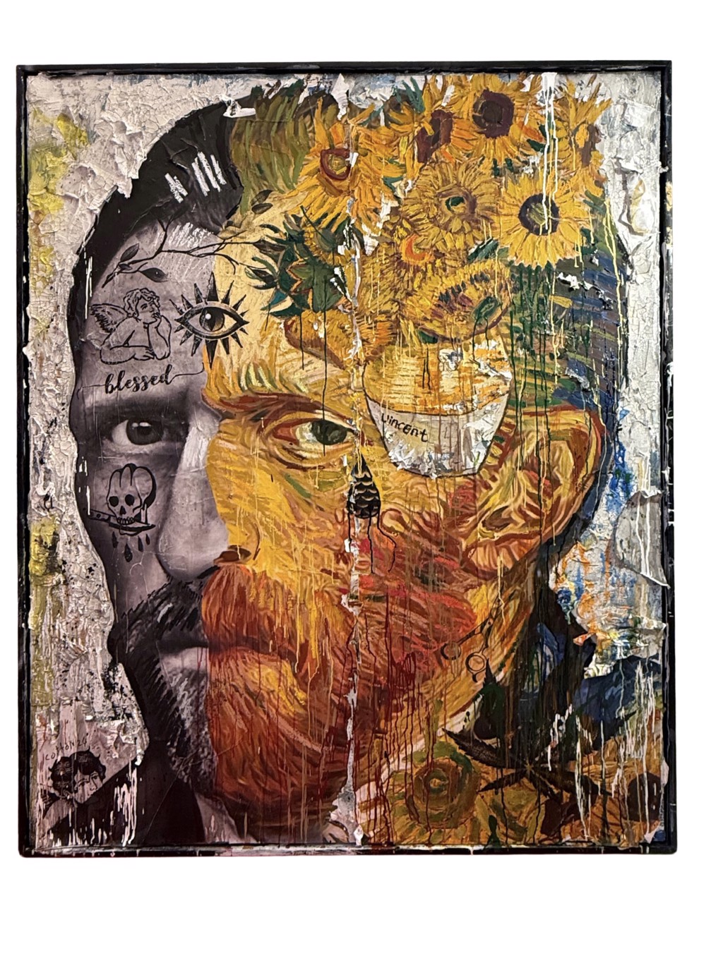 Andrew Cotton Vincent: layered grayscale and yellow-orange portrait with a red beard, sunflowers, tattoo-like symbols, and paint drips.