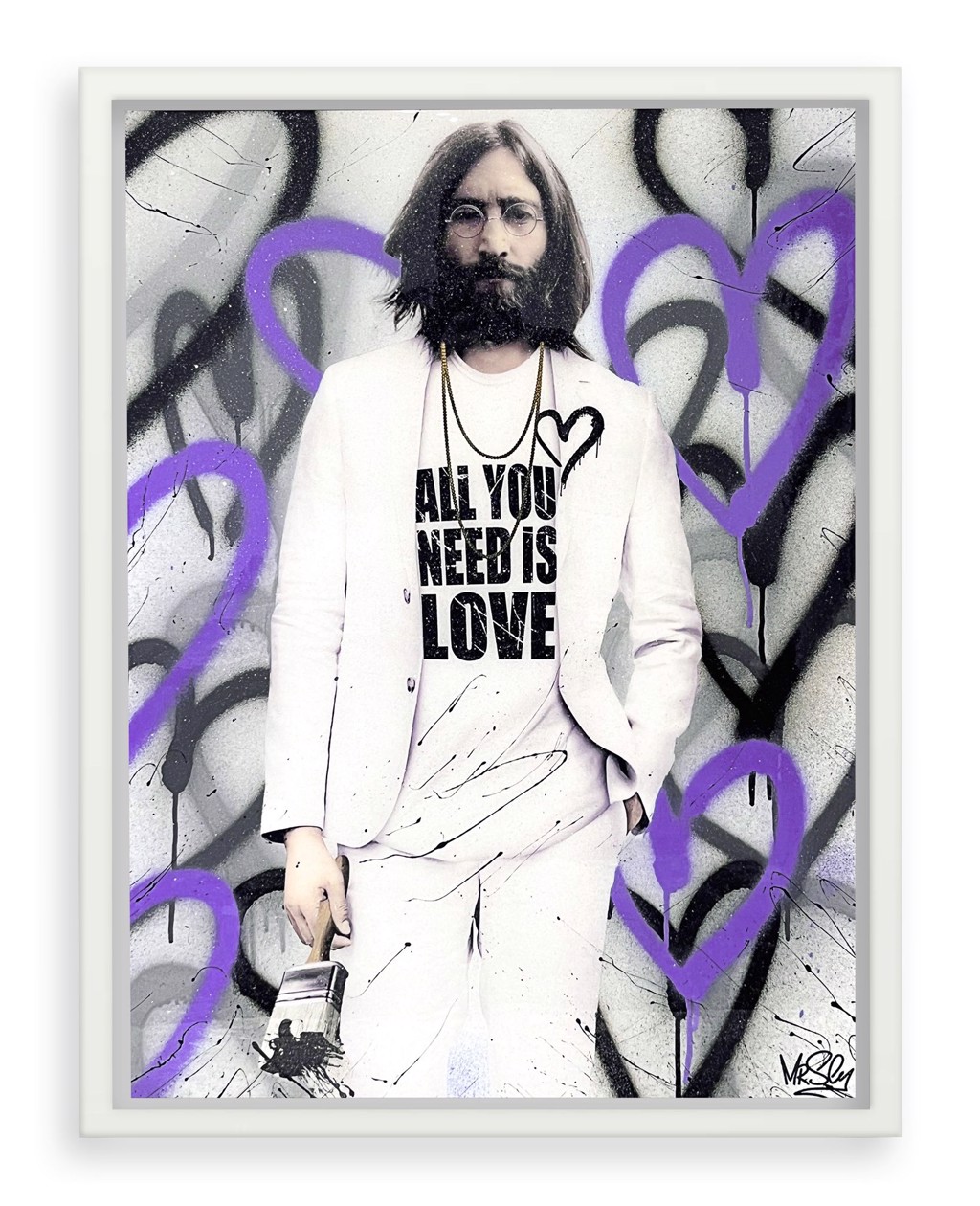 Mr Sly All you need is love: John Lennon in a white suit amid purple and black spray-painted hearts.