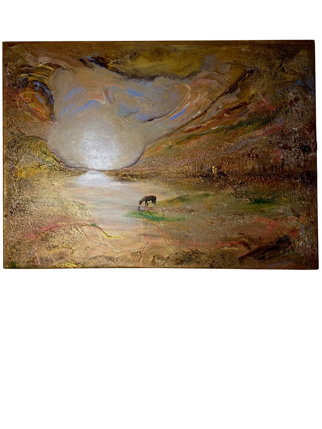 Inga Zurabiani The Golden Meadow: gold-and-earth-toned textured landscape with a small grazing animal beneath a luminous horizon.