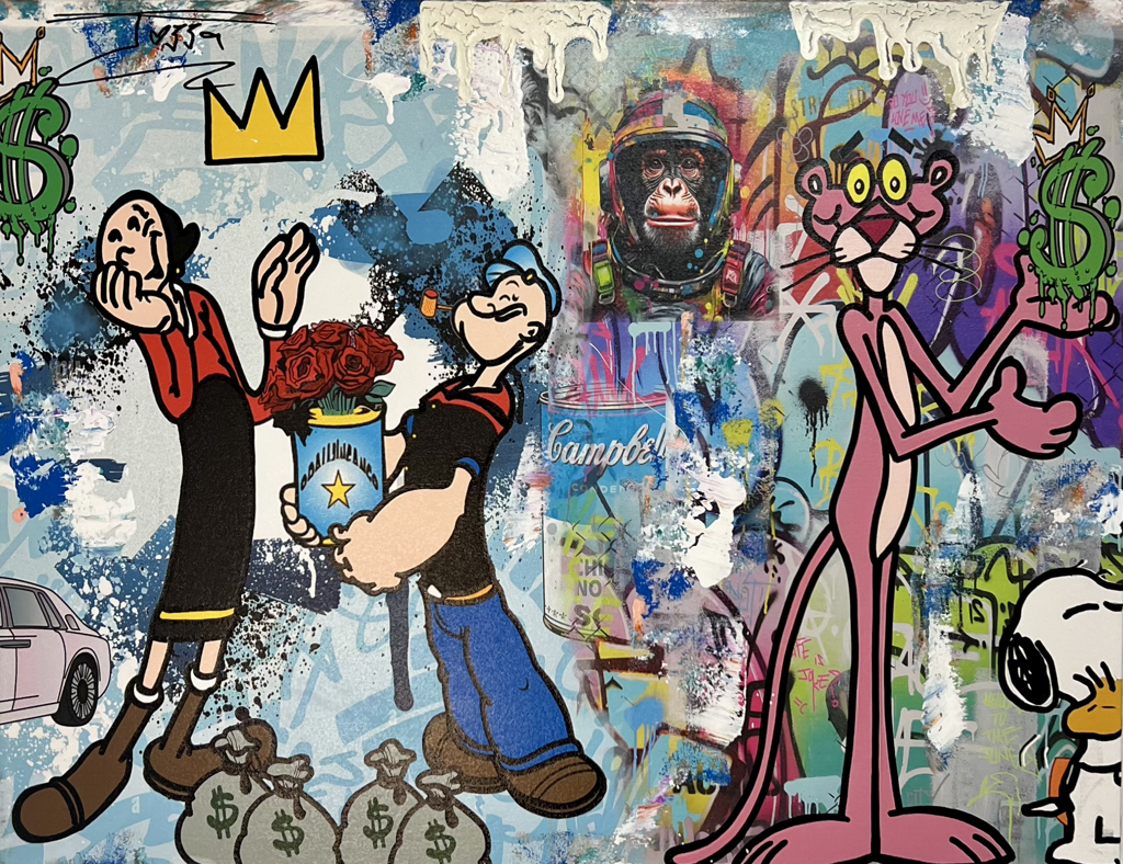 Jozza, Flower to You: Popeye offering red flowers to Olive Oyl beside the Pink Panther on a pale blue and gray graphic background.