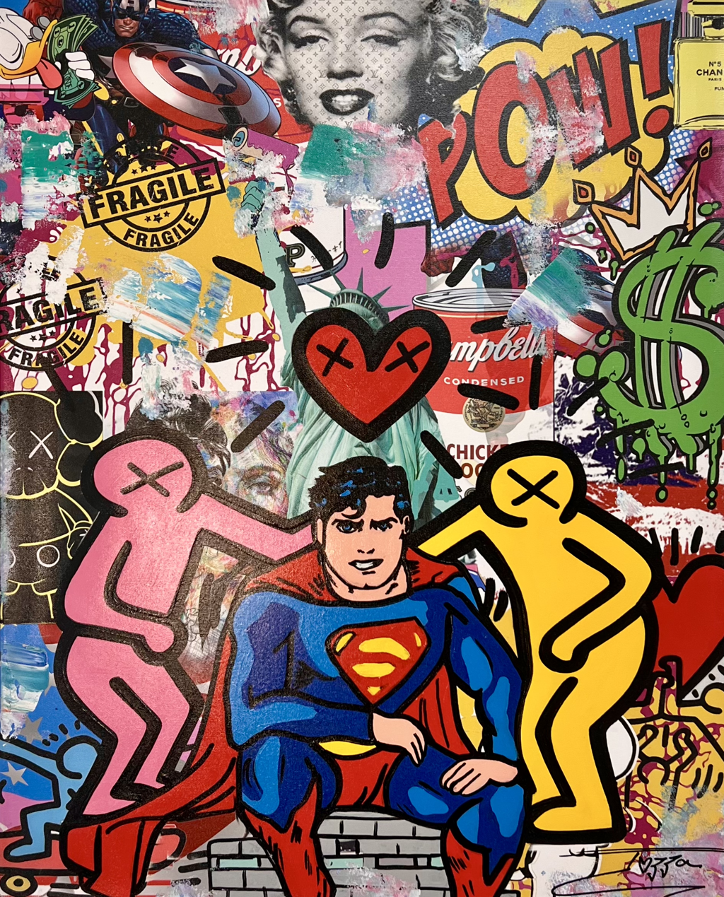 Jozza, Best Friends!: seated Superman between pink and yellow figures beneath a red heart amid layered pop imagery.