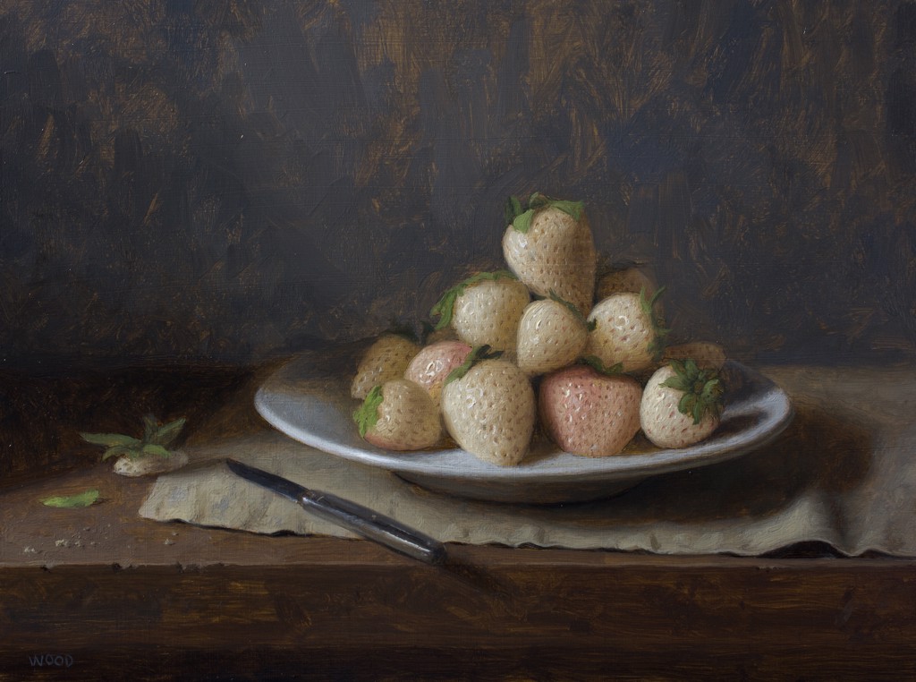 Justin Wood's 'Pineberries,' an oil painting showing unique white strawberries on a ceramic plate with a knife beside, on a wooden surface
