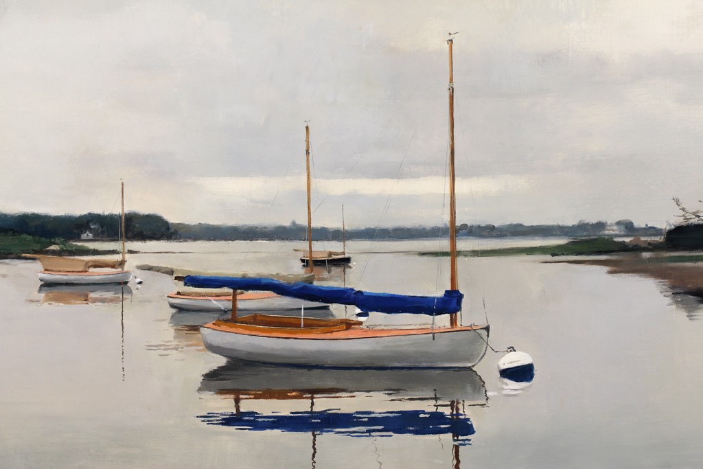 Seascape oil painting of Beetle Cat sailboats on the mooring with reflections