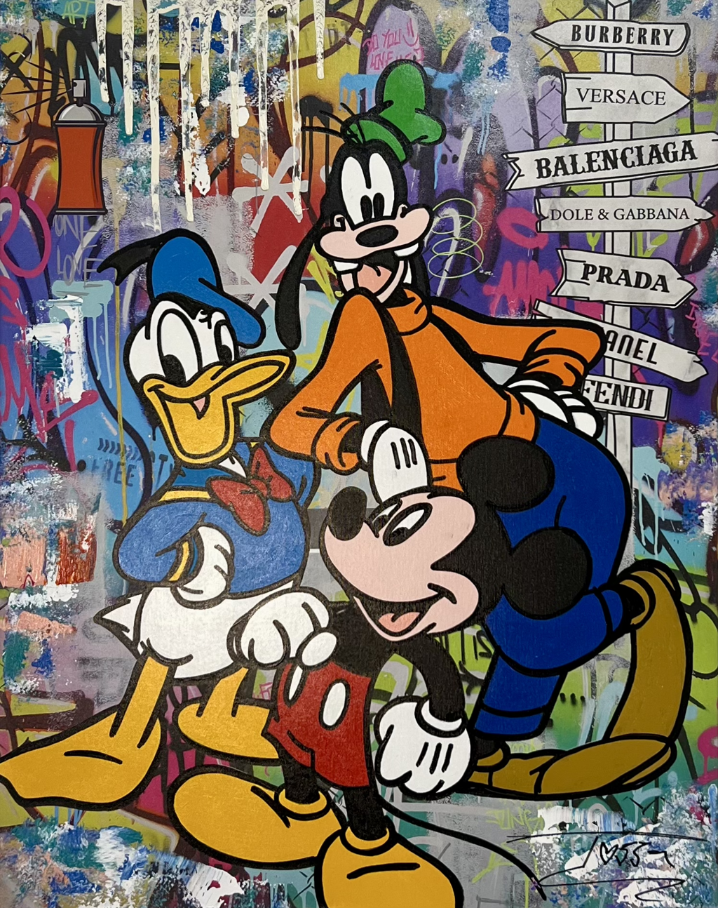 Jozza, 3 Musketeers: Donald Duck, Mickey Mouse, and Goofy together beside fashion-name signposts and white paint drips.