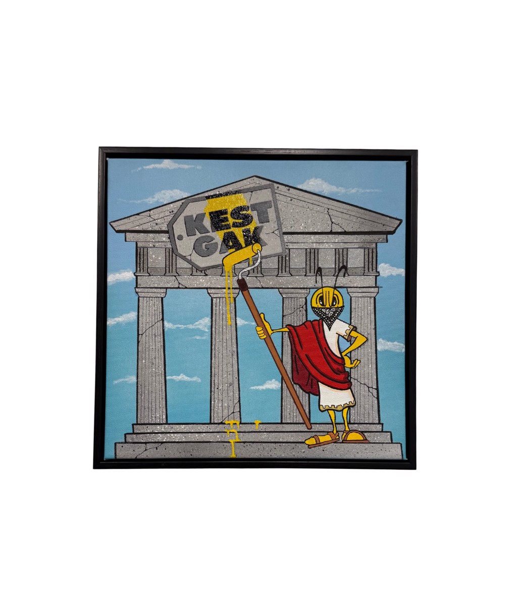 Kest Gak, The New Empire: yellow cartoon figure in red before a gray classical colonnade with yellow paint trails and lettering.