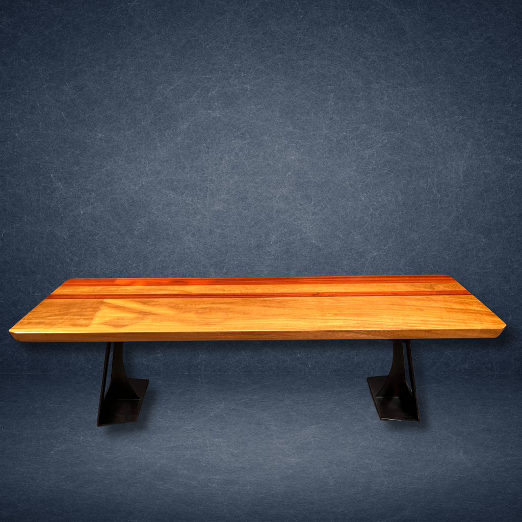 Teak and African Paduk Bench on Steel Base by Ron Gill