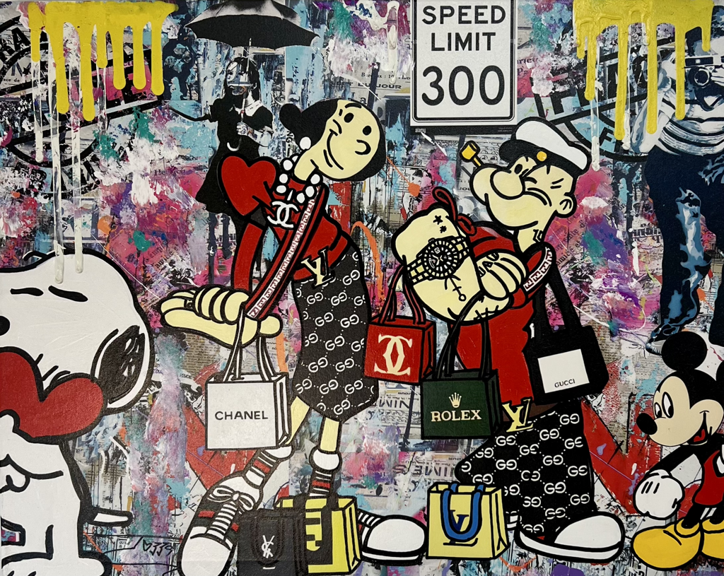 Jozza, Going Shopping: Olive Oyl and Popeye carrying shopping bags between Snoopy and Mickey Mouse beneath a SPEED LIMIT 300 sign.