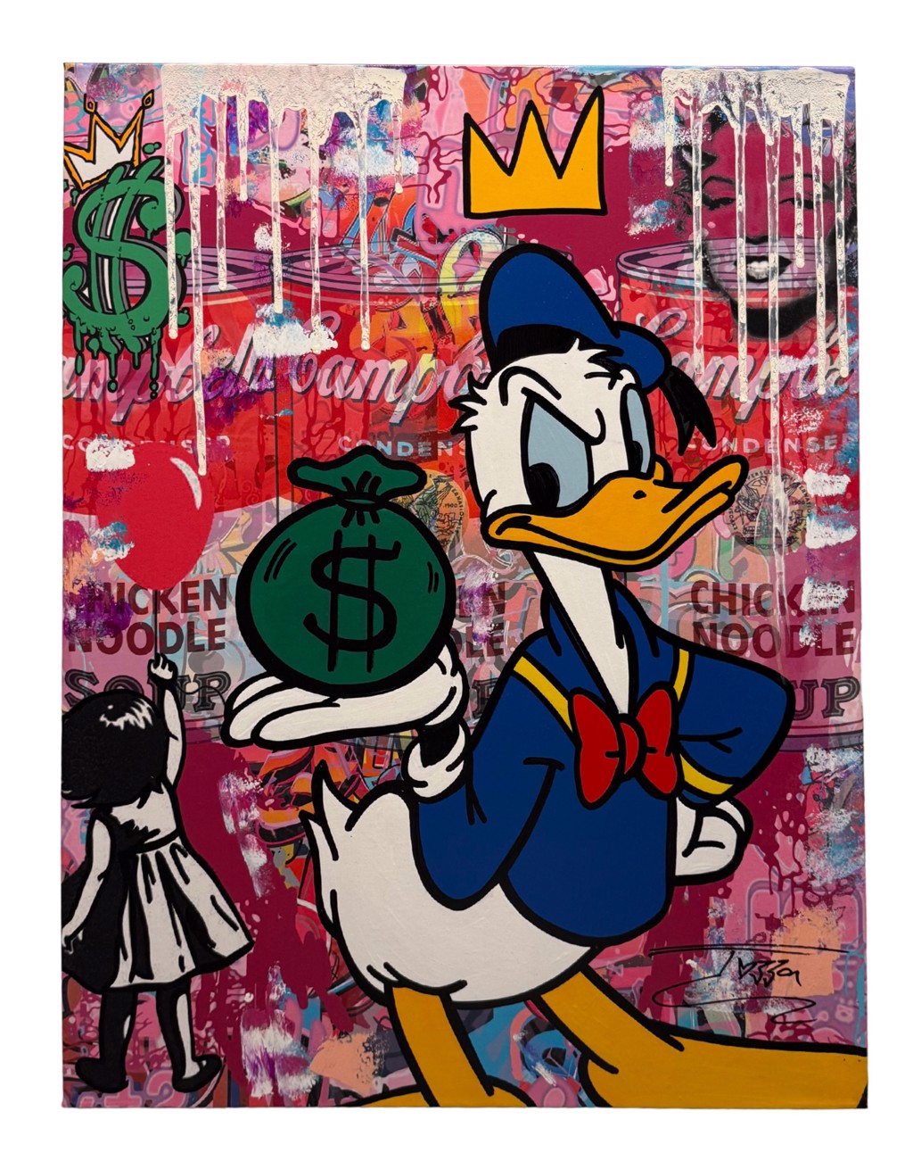 Jozza, Green Bag: Donald Duck holding a green money bag beneath a yellow crown against red and pink graffiti-style marks.