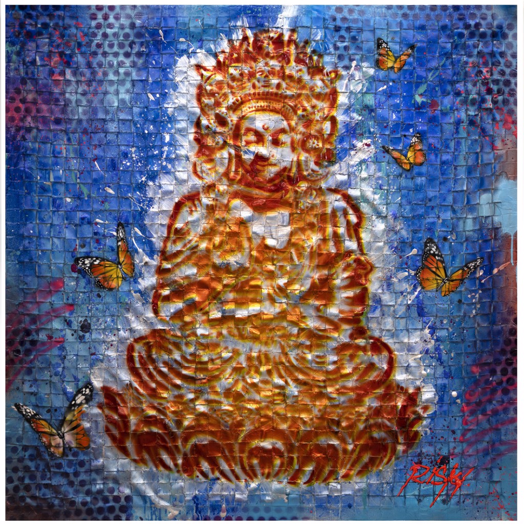 RISK Peaceful Warrior Orange: an orange seated figure surrounded by butterflies against a blue woven, grid-like background.