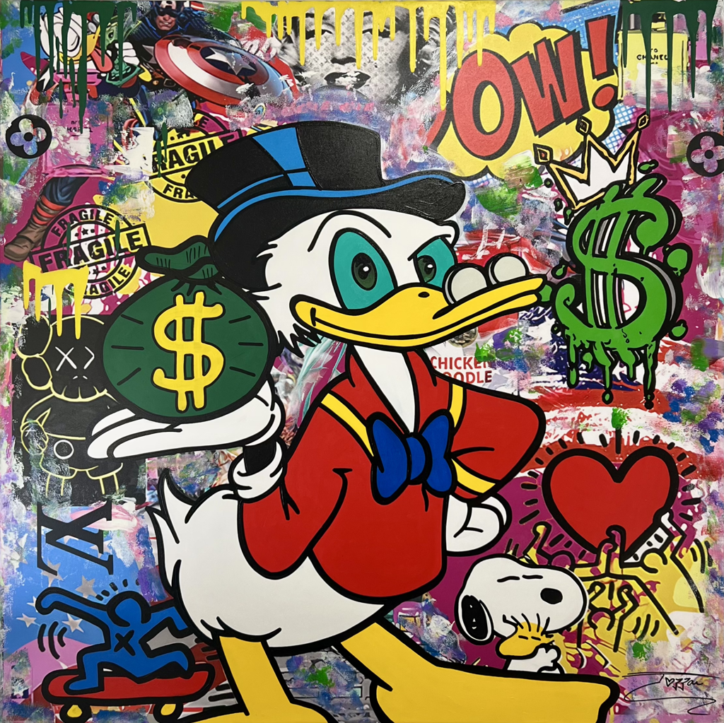 Jozza Celebration Day!: Scrooge McDuck holding a money bag amid a green dollar sign, red heart, Snoopy, and colorful pop-art graphics.