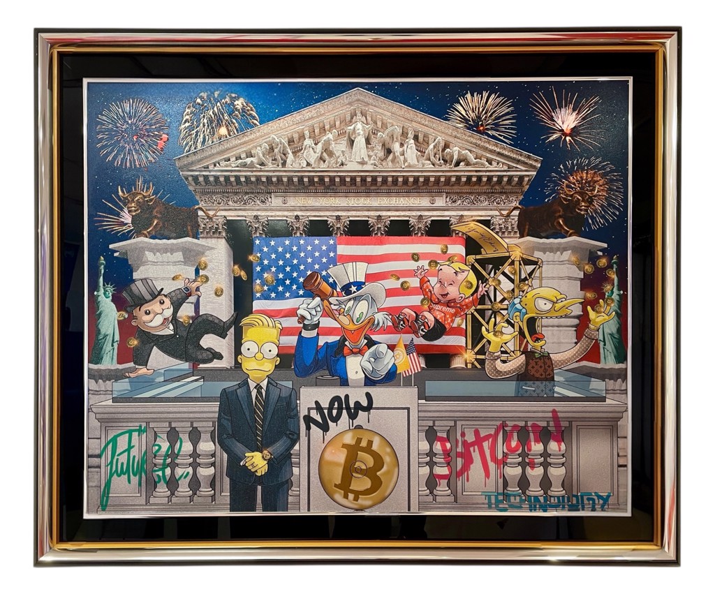 Yaniv Edery Family Poker: cartoon figures, an American flag, a Bitcoin emblem, and graffiti-style words in front of classical architecture and fireworks.