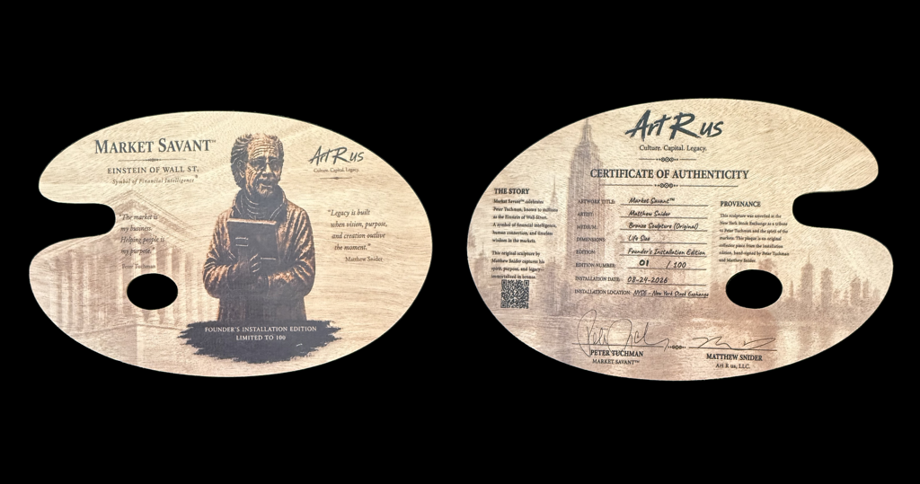 Matthew Snider MARKET SAVANT™ Original Art Palette 01/100: Front and reverse of a wooden Market Savant artist’s palette with portrait imagery, edition information, and signatures.