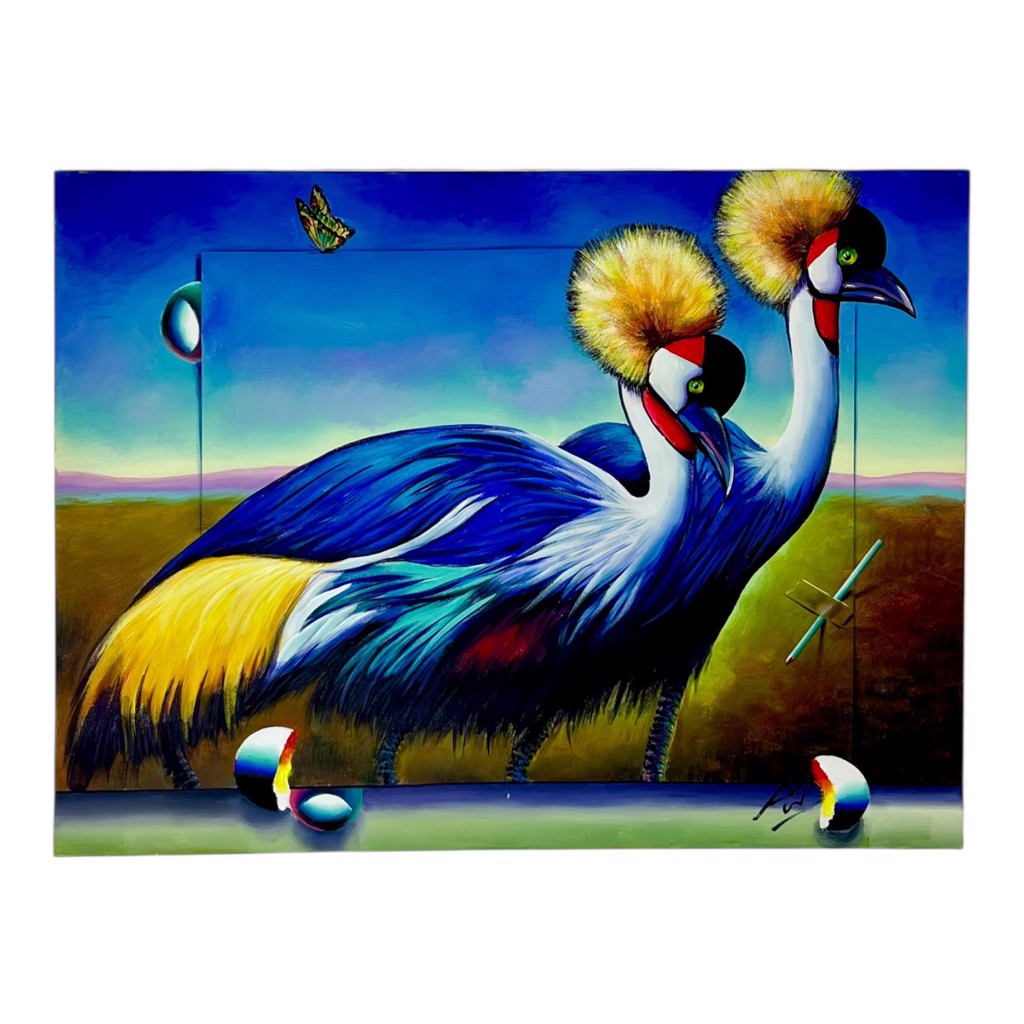 Ferjo Royal Harmony: two blue-and-white crowned cranes with golden crests against a vivid landscape and surreal floating forms.