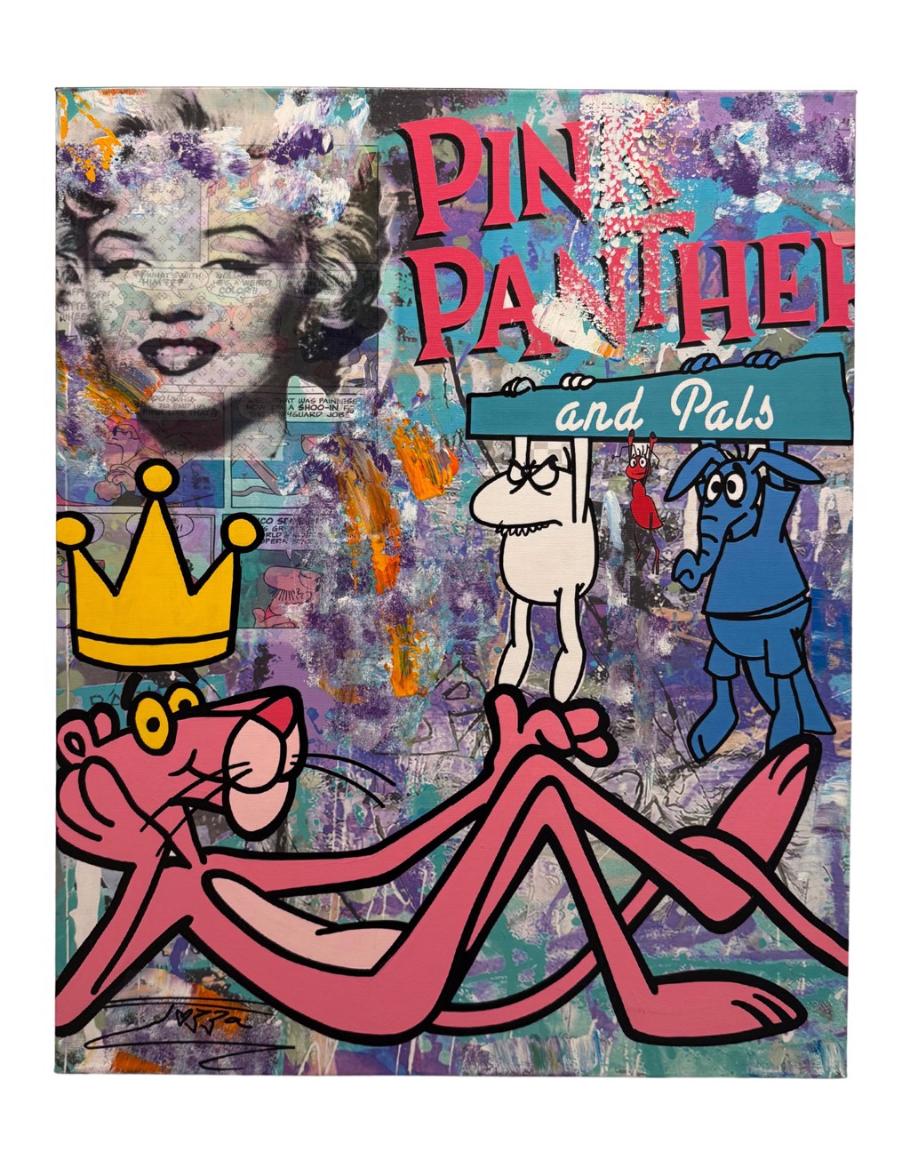 Jozza, Pink Panther: reclining Pink Panther with a yellow crown, Marilyn Monroe portrait, and colorful layered lettering.