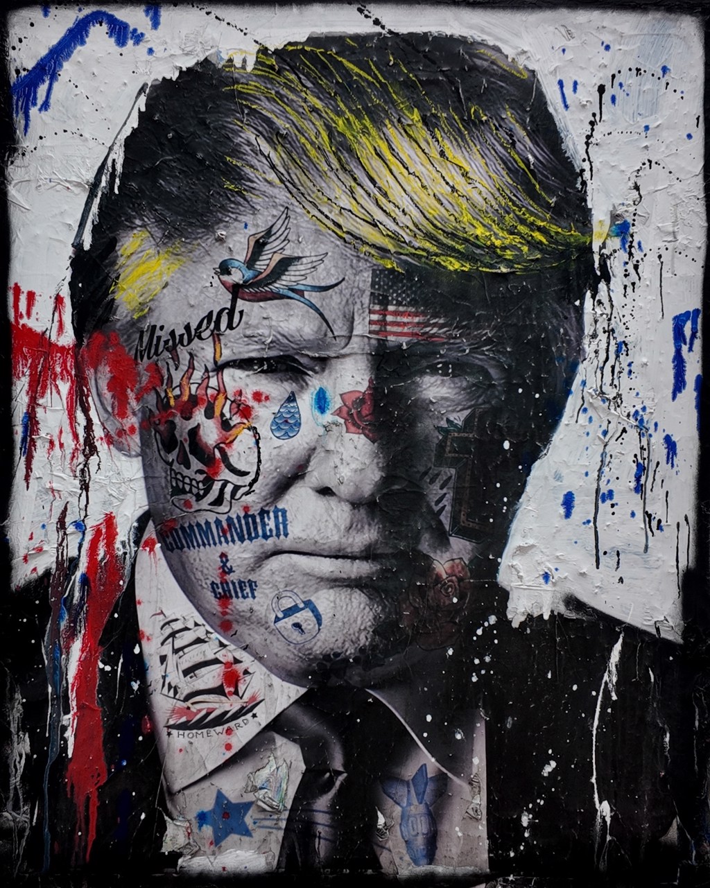 Andrew Cotton Don Trump: Donald Trump portrait overlaid with tattoo-like symbols and red, blue, and yellow paint accents.