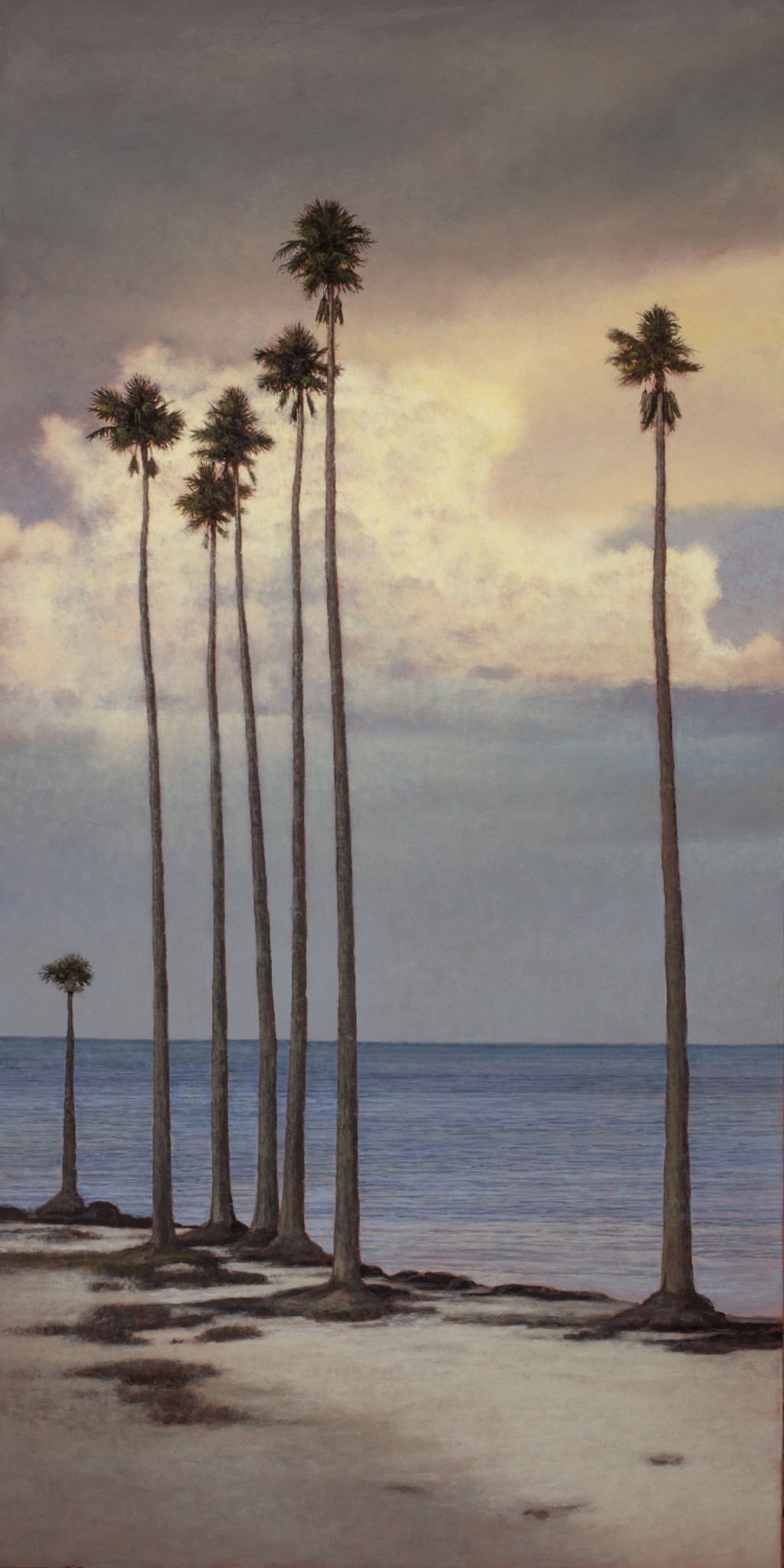 Seven narrow, tall cabbage palms stretch up to the sky in this narrow composition. The palms stand against a moody sky with brightly lit clouds. Oil on panel.