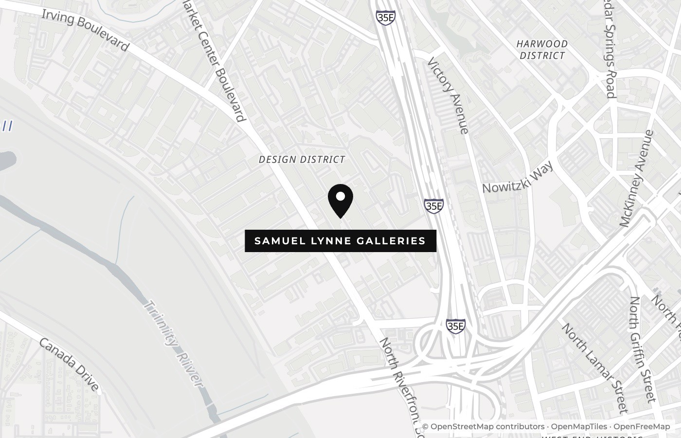 Map of the Dallas Design District showing Samuel Lynne Galleries at 1105 Dragon Street, Dallas, TX 75207