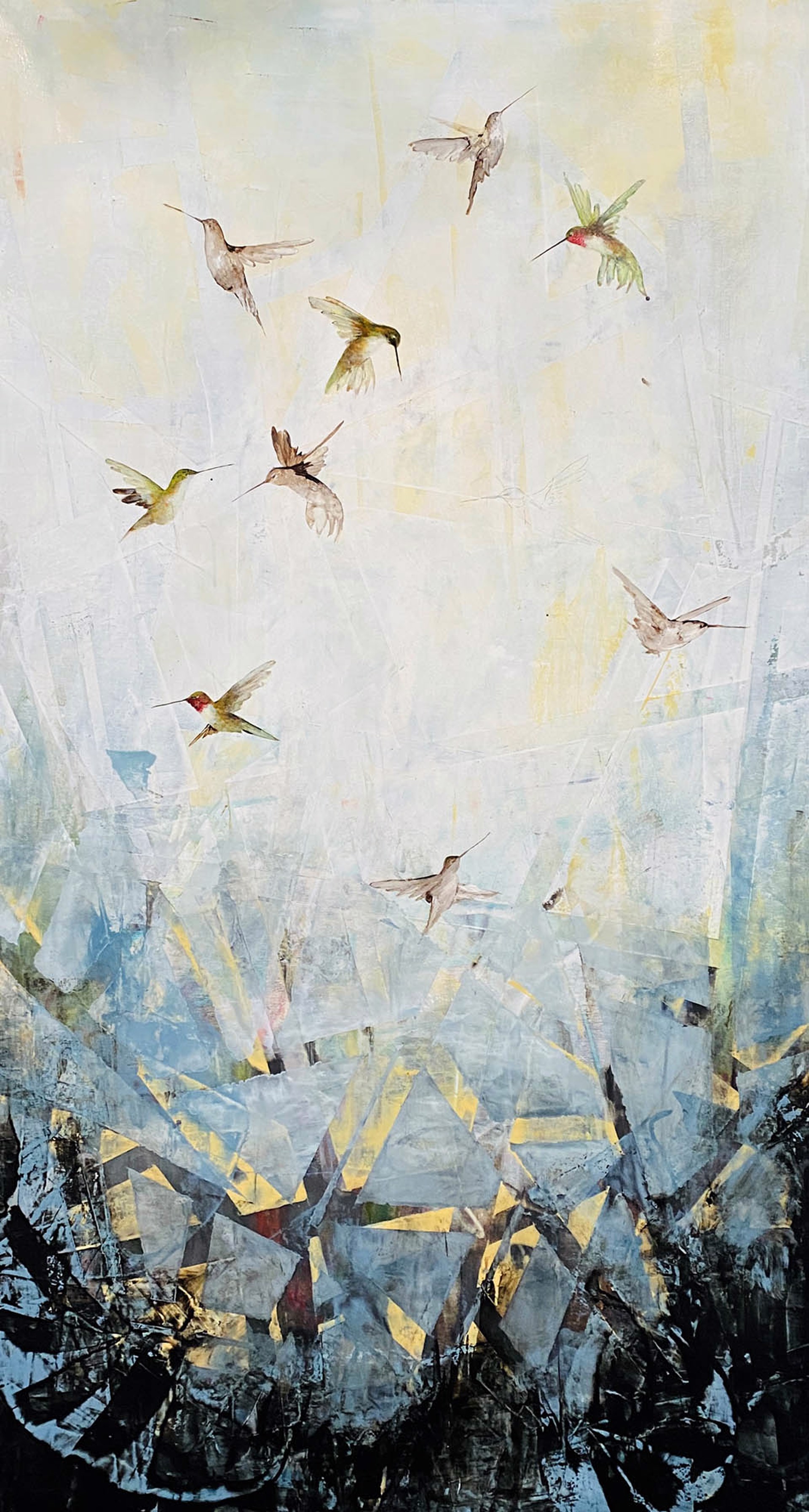 Original Oil Painting By Jenna Von Benedikt Featuring A Flurry Of Hummingbirds Over Abstract Background In Grays And Blues