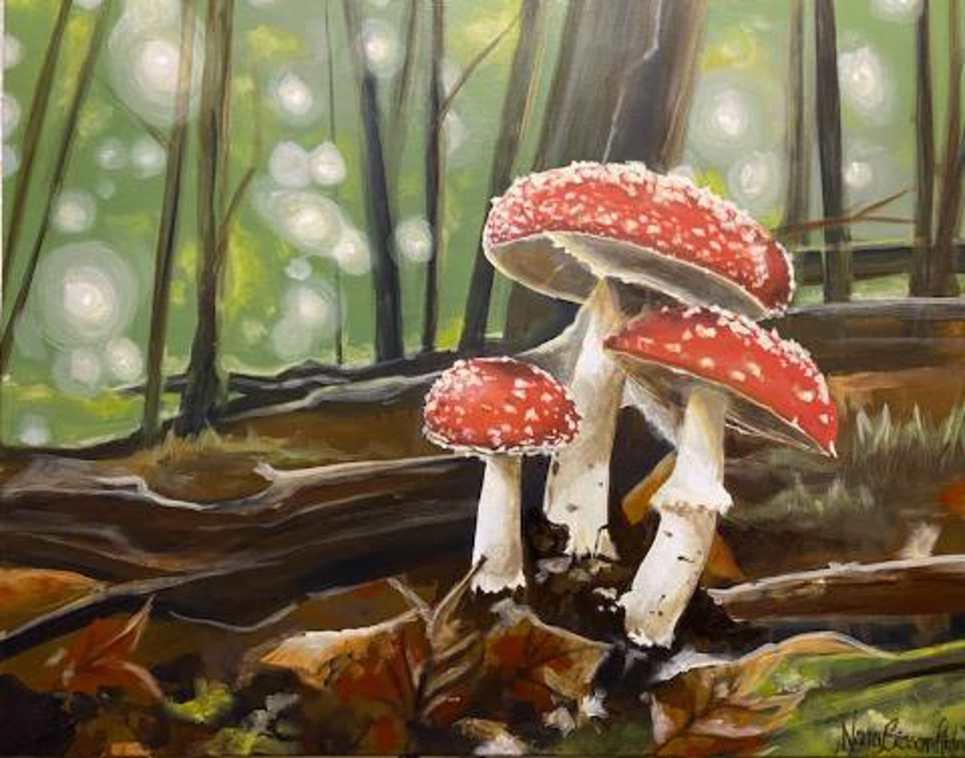 Red Mushrooms Dappled Delight by Nancy Ginn