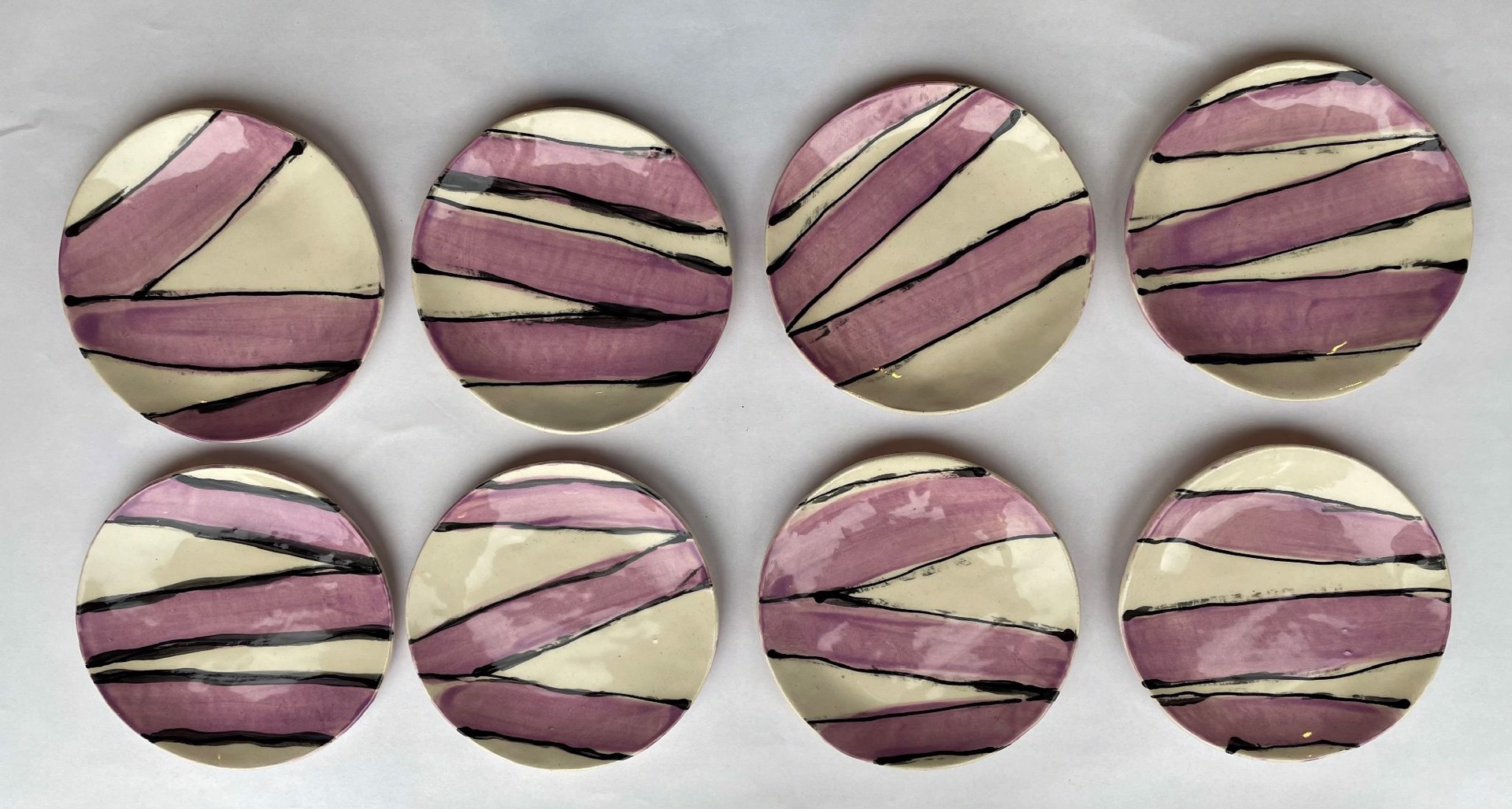 Pink and Black Strips Plates Set of 8 by Jill Rothenberg-Simmons