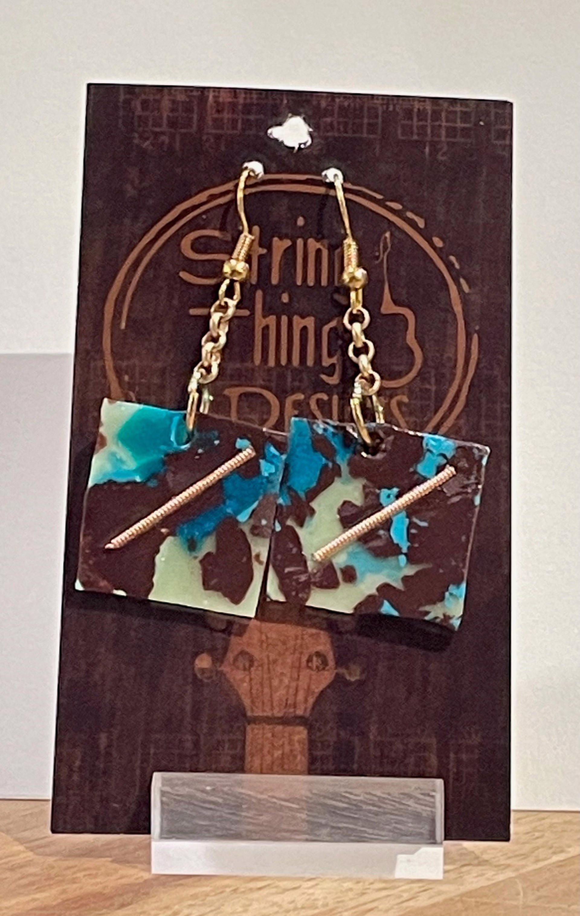 Blue and Brown Guitar String Earrings by String Thing Designs