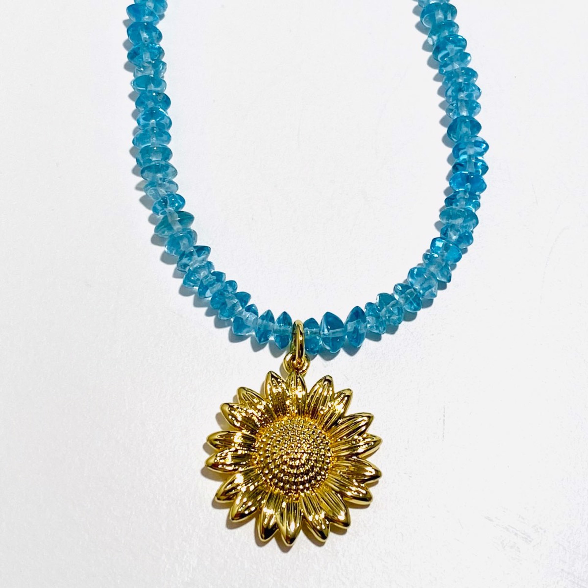NT22-137 Apatite Strand Vermeil Sunflower Charm Necklace by Nance Trueworthy