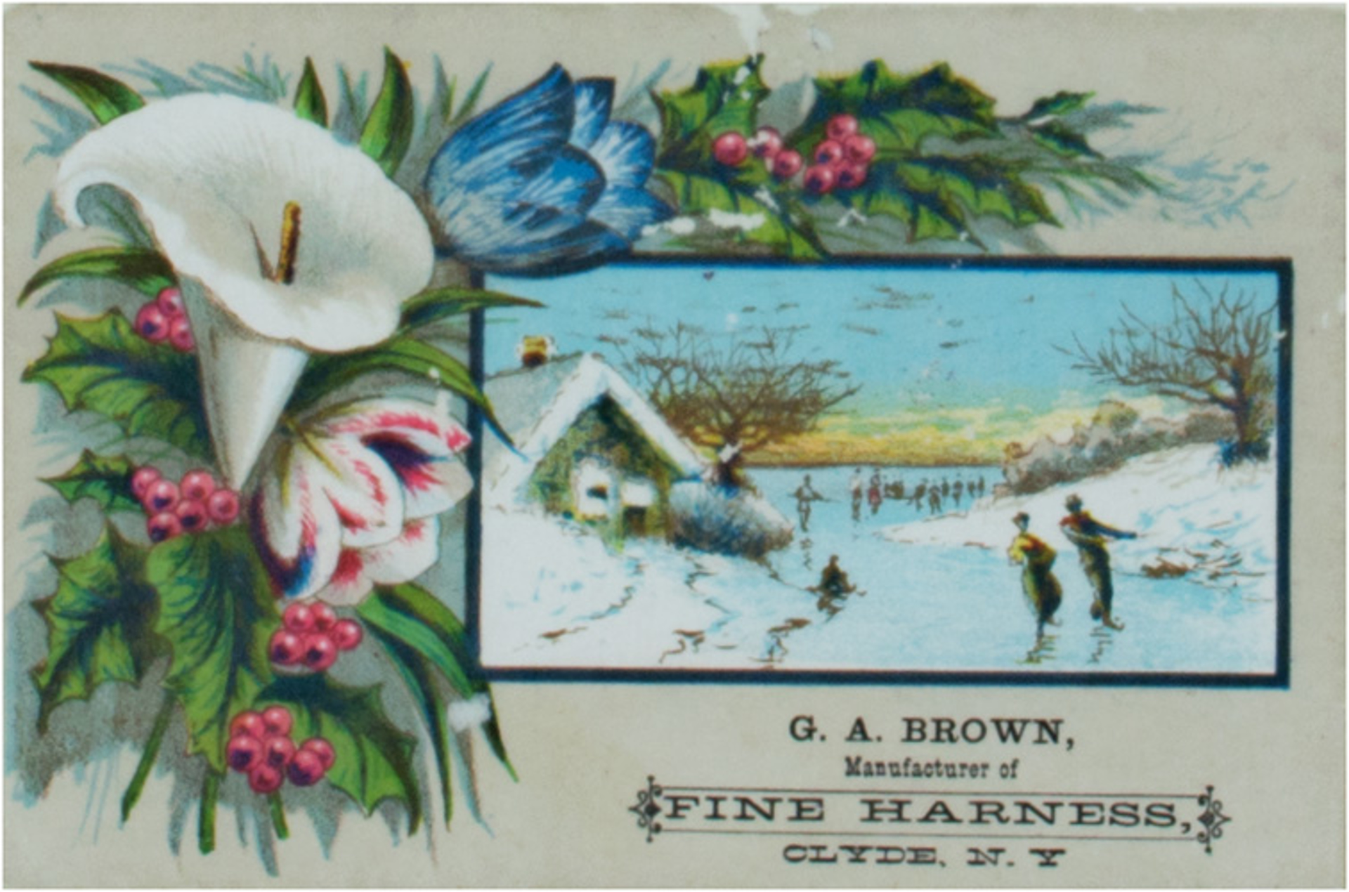 Victorian card with flower arrangement and ice skating scene by Unknown