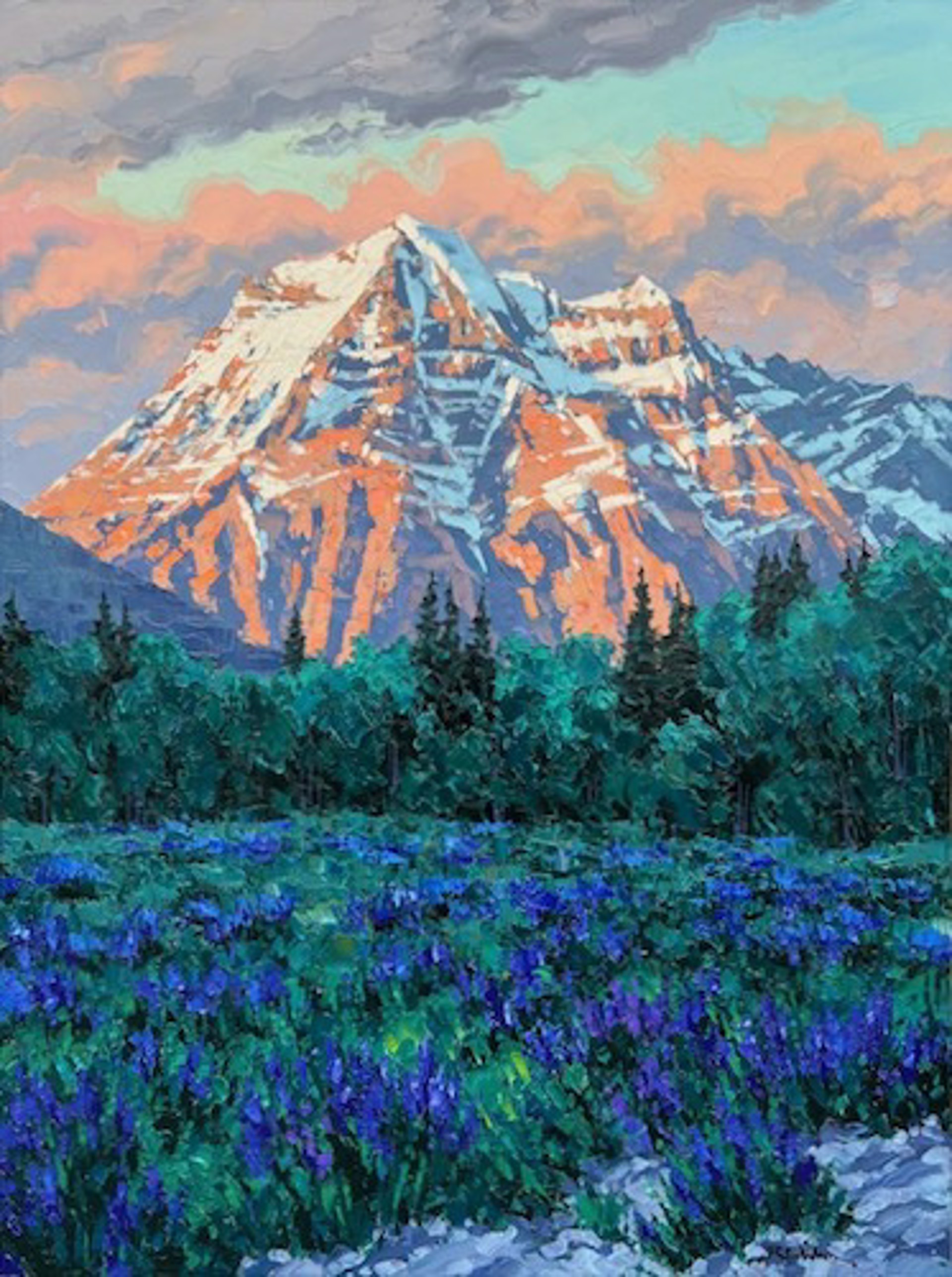 Lupin Meadow & Mt. Robson by Robert E Wood