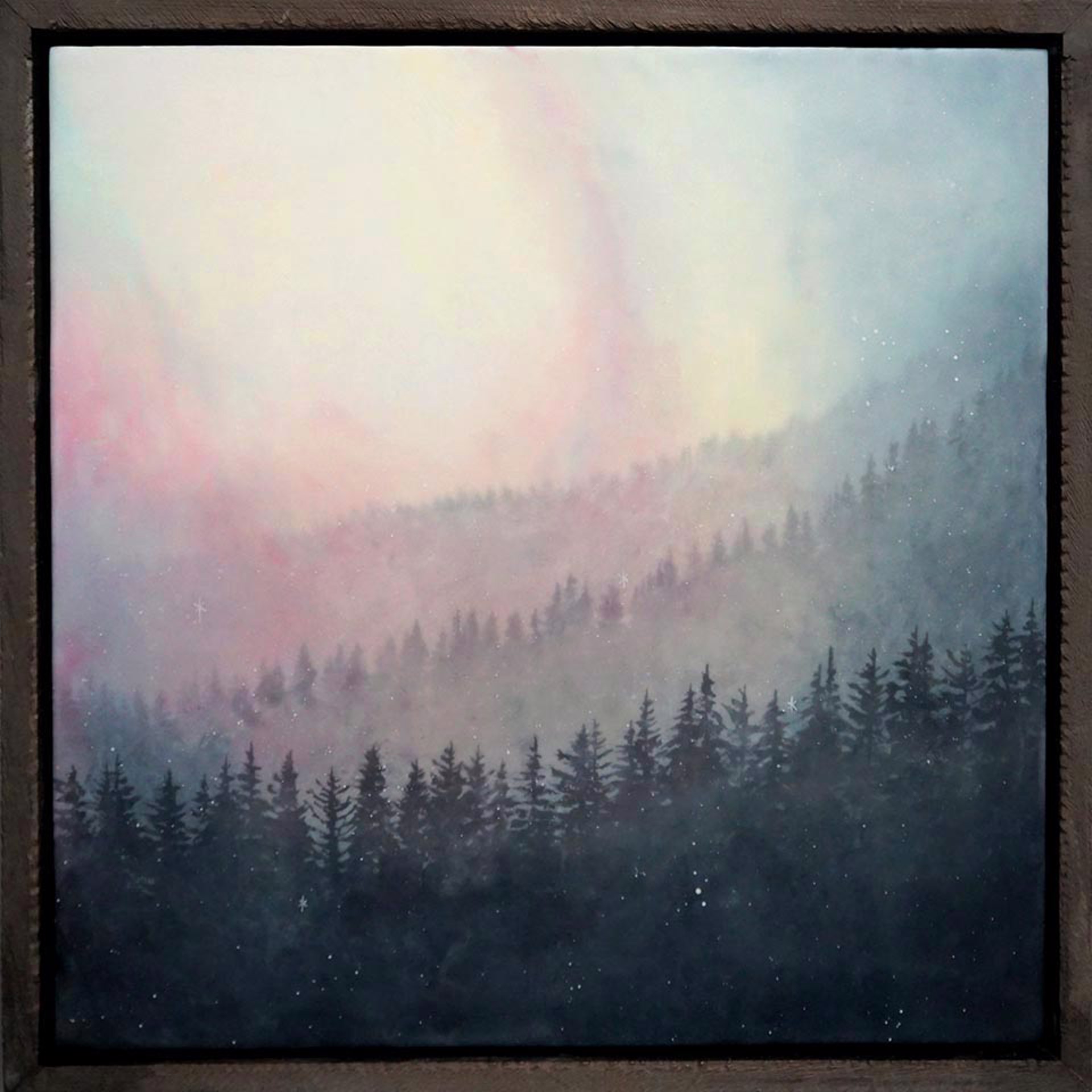 Original Encaustic Painting By Bridgette Meinhold Mountain Landscape With Pine Trees And A Pink Hue