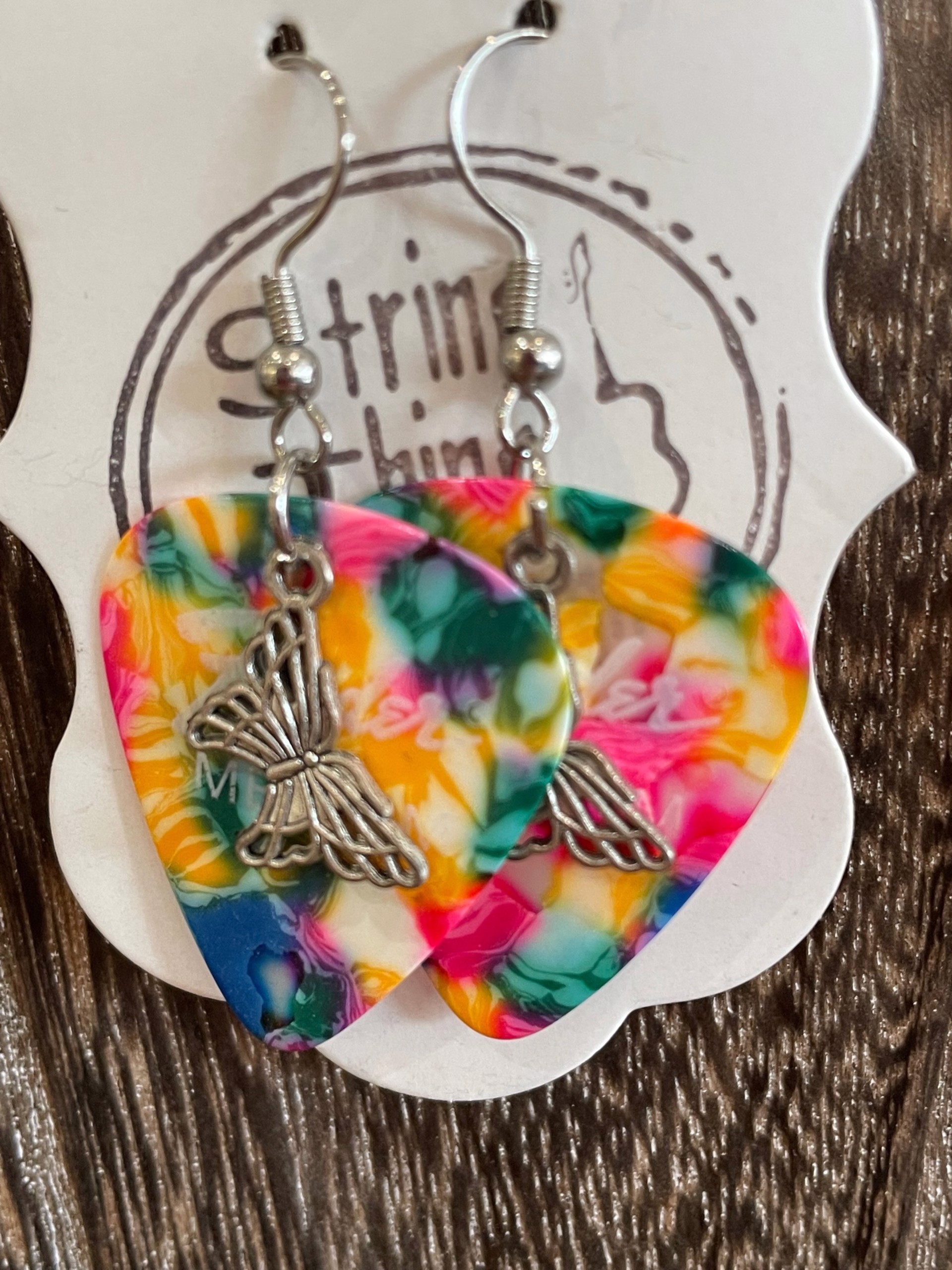 Colorful Pick and Butterfly Earrings by String Thing Designs