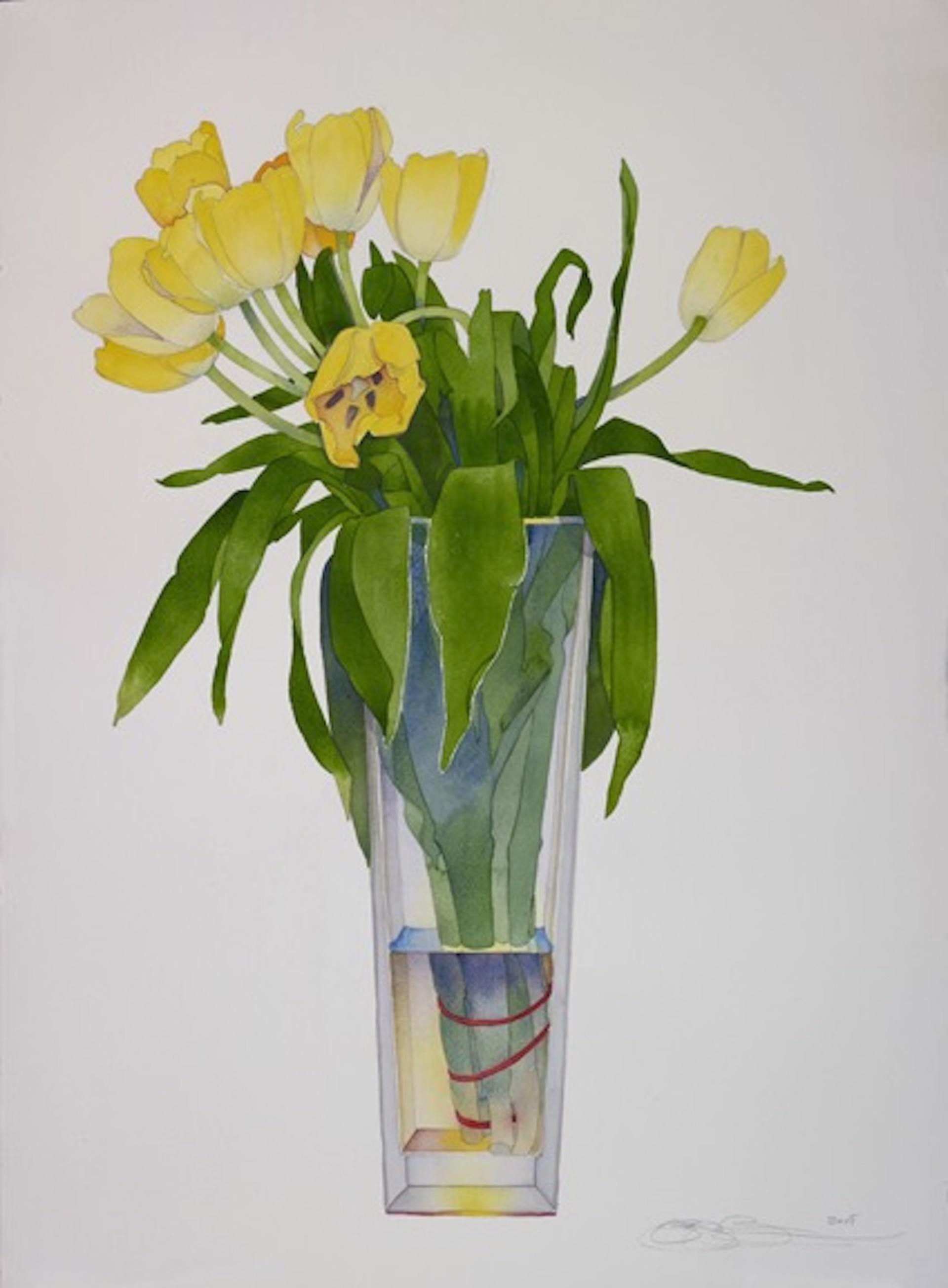 Yellow Tulips in Tall Vase by Gary Bukovnik