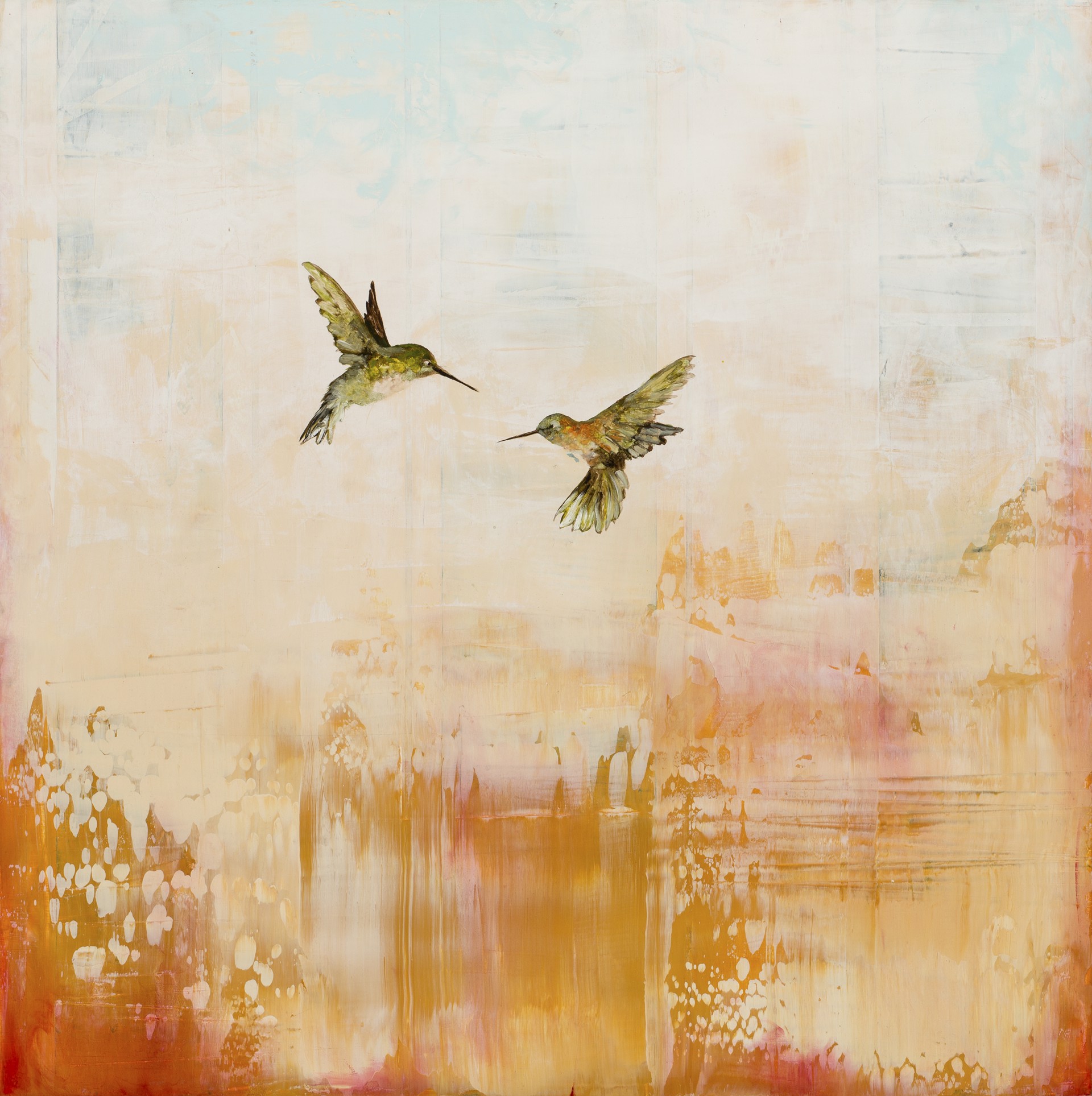 Original Oil Painting Of Two Humming Birds With An Abstract Orange And Blue Background, By Jenna Von Benedikt