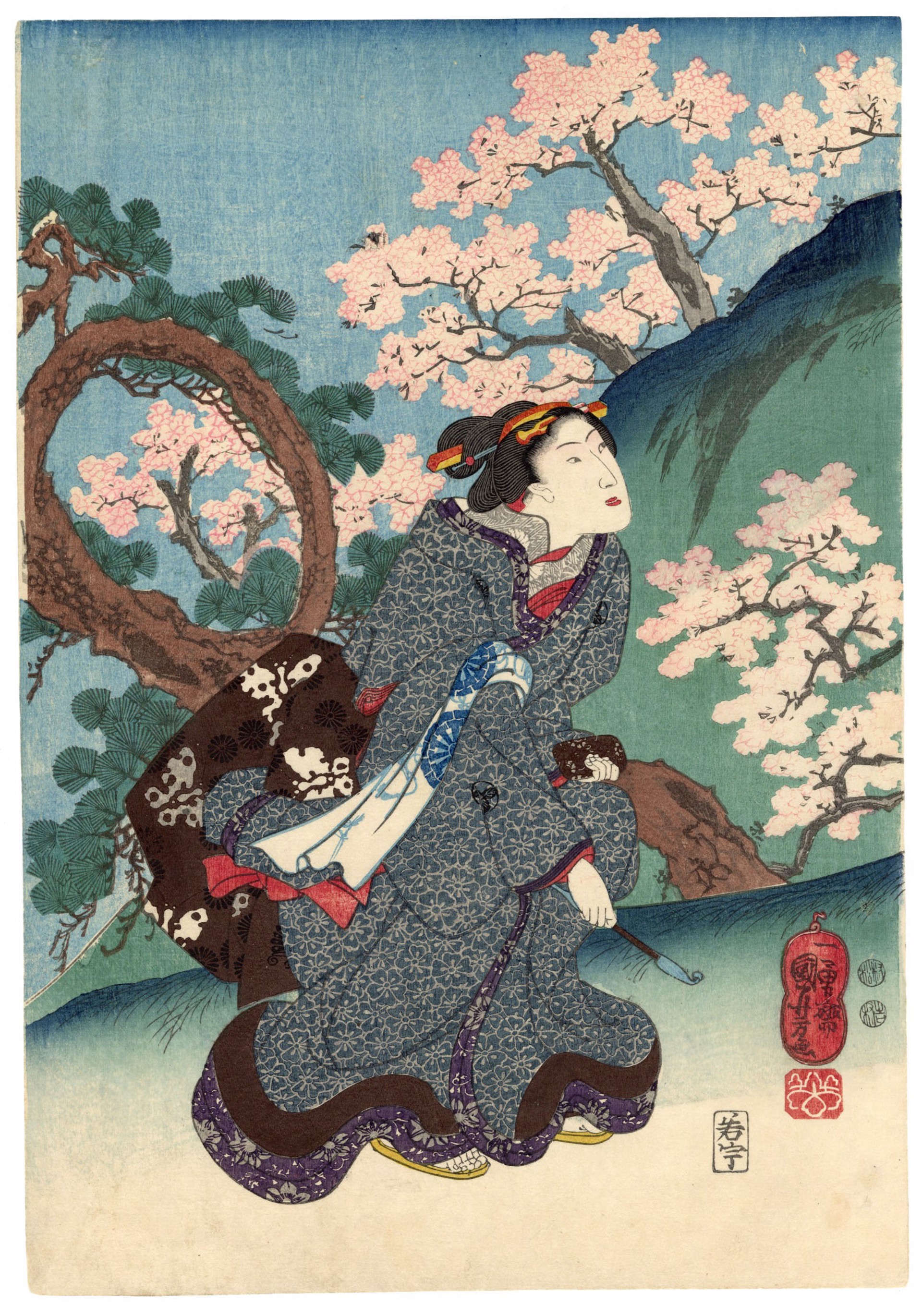 Bijin Admiring the Cherry Blossoms at Toeizan by Kuniyoshi
