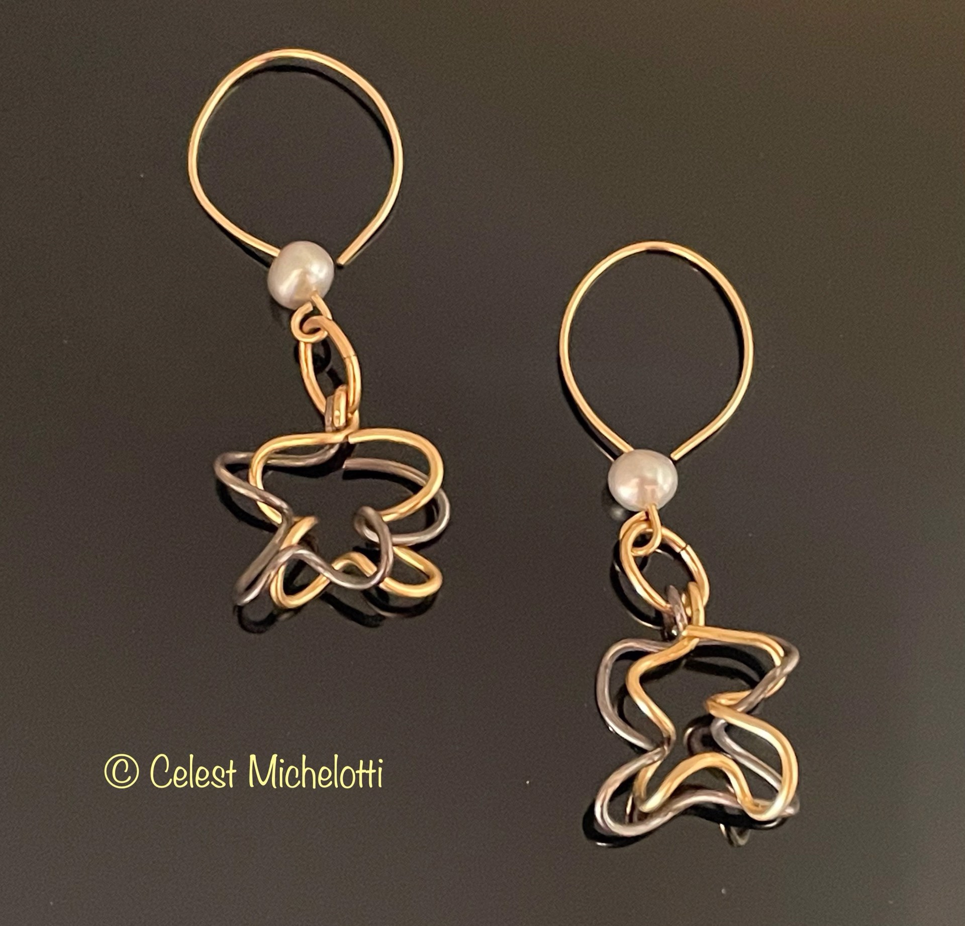 Stars Earrings, .75 in. Double Drop, 14K Gold Filled, Bright Sterling, Silver Pearls on Earwires by Celest Michelotti
