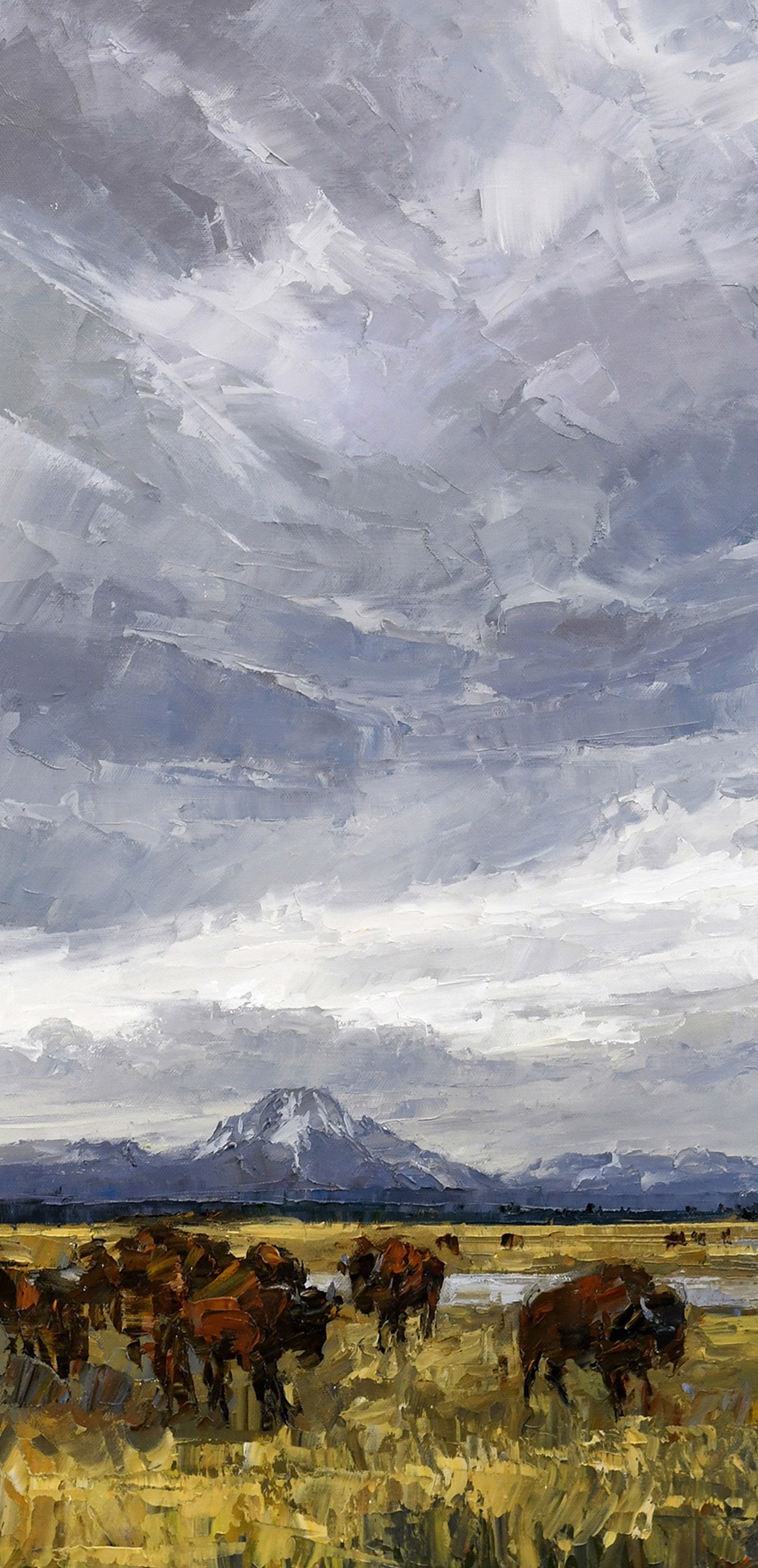 Study Of Original Oil Painting By Caleb Meyer Of Bison With Gray Skies And The Tetons