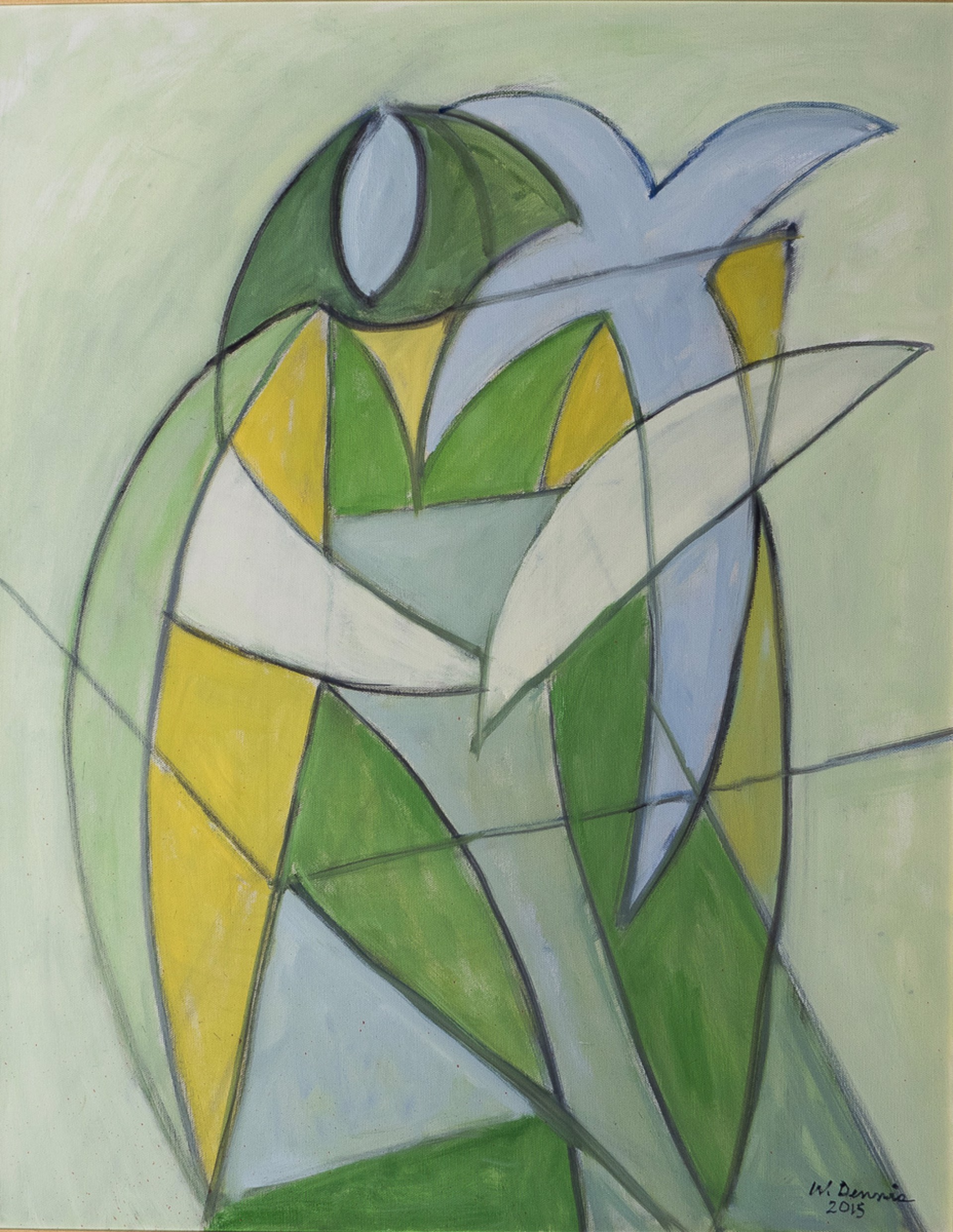 cubist blue white, green and yellow abstract figure in wooden frame
