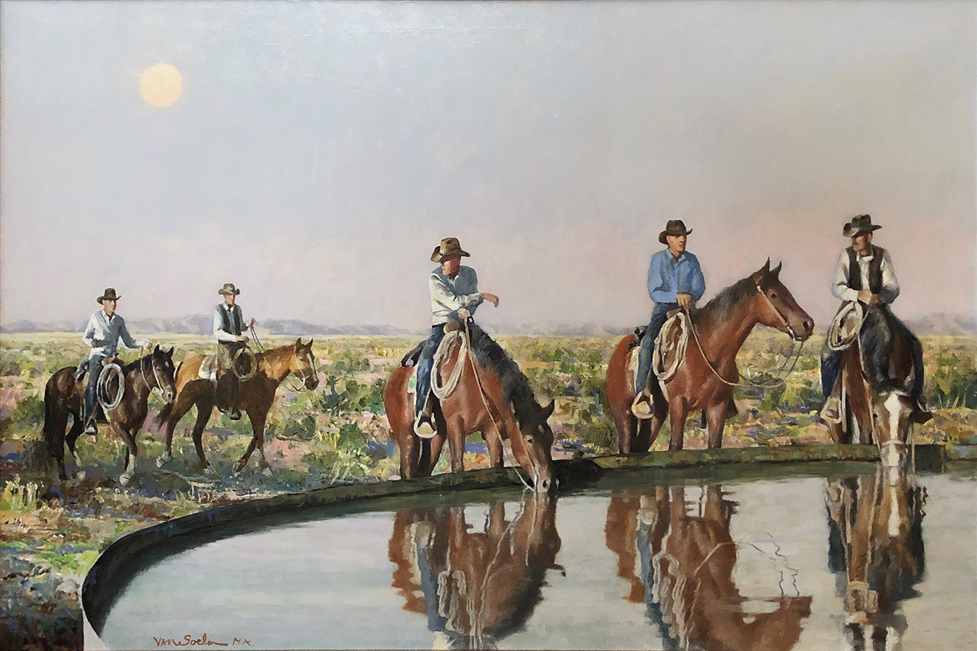 Five Cowboys on Horses at The Water Tank by Theodore Van Soelen