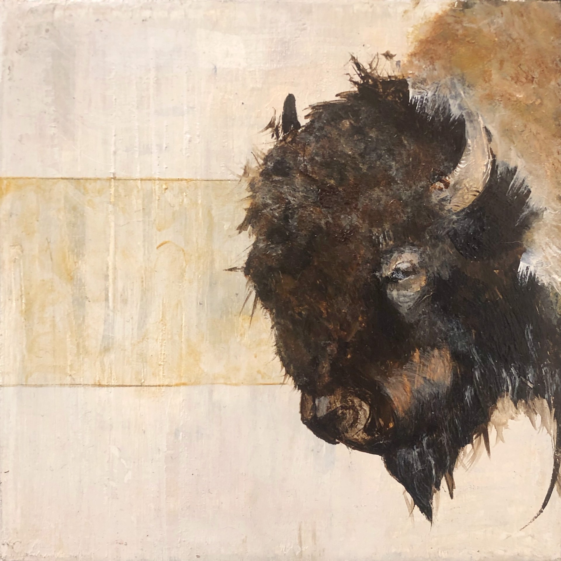 Original Oil painting Of A Bison Or Buffalo Face On A Contemporary Cream And Gold Background With A Warm Gold Silver Frame, By Jenna Von Benedikt