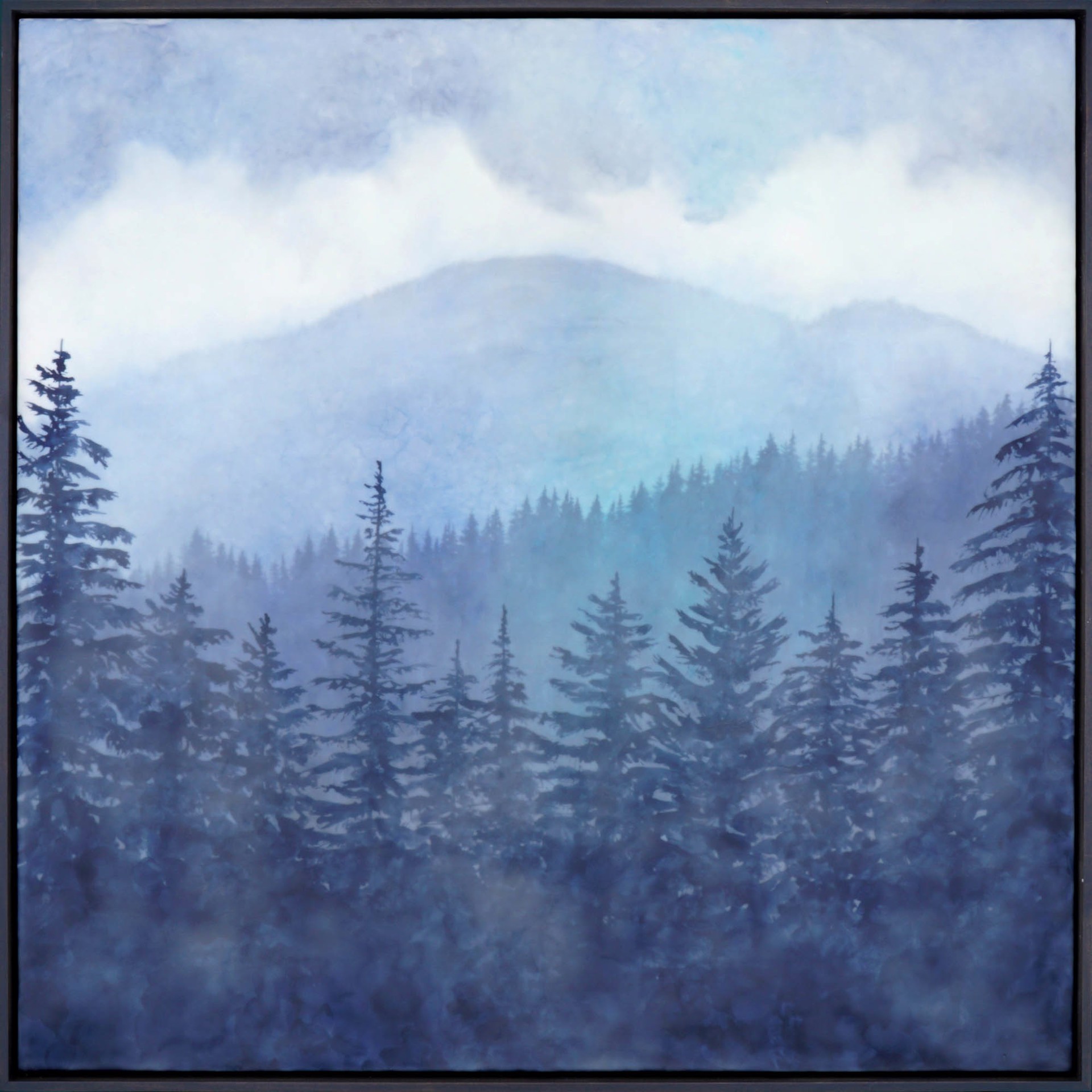 Original Encaustic Painting By Bridgette Meinhold Featuring a Mountain Peak Through Misty Pine Trees