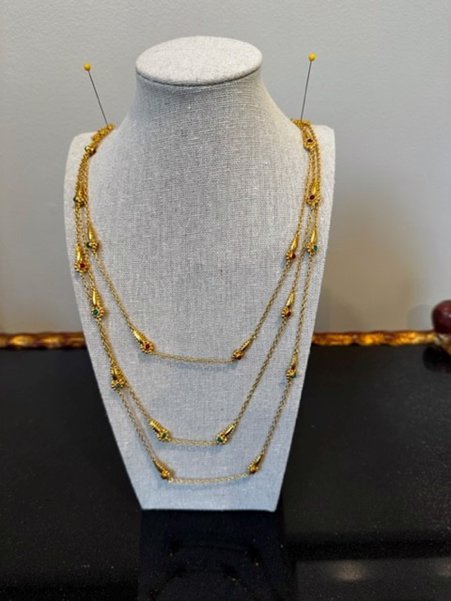 Three Strand Gold with red and green onyx by J. Catma