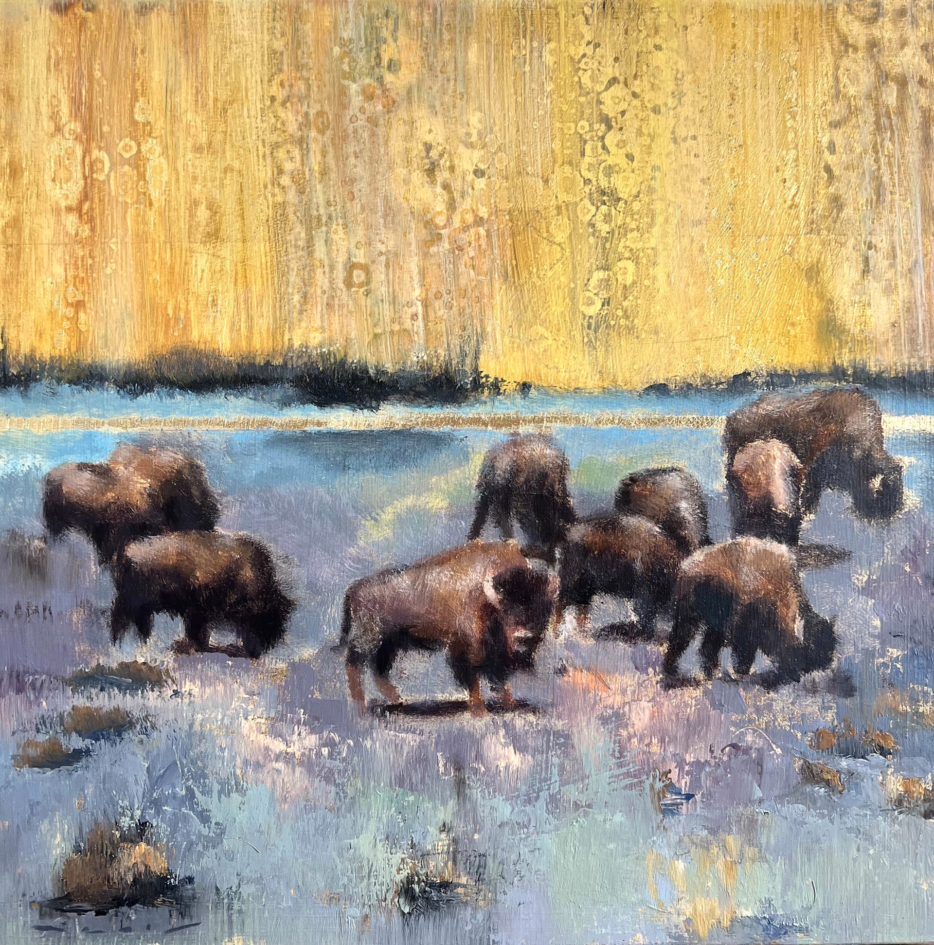 Original Mixed Media Painting By Nealy Riley Featuring A Herd Of Bison