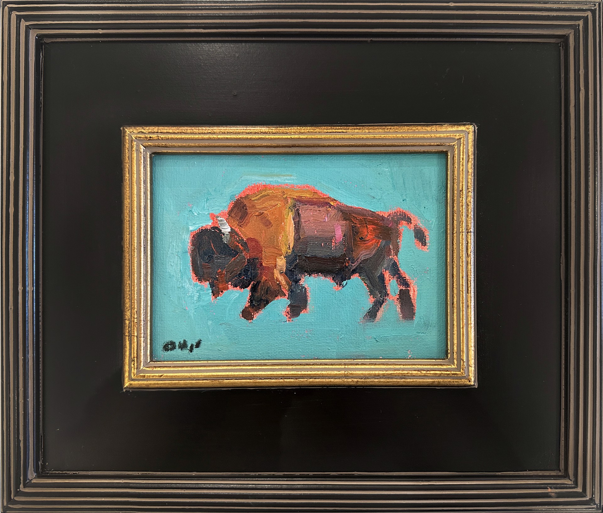 Original Oil Painting By Aaron Hazel Featuring A Bison On Bright Turquoise Background