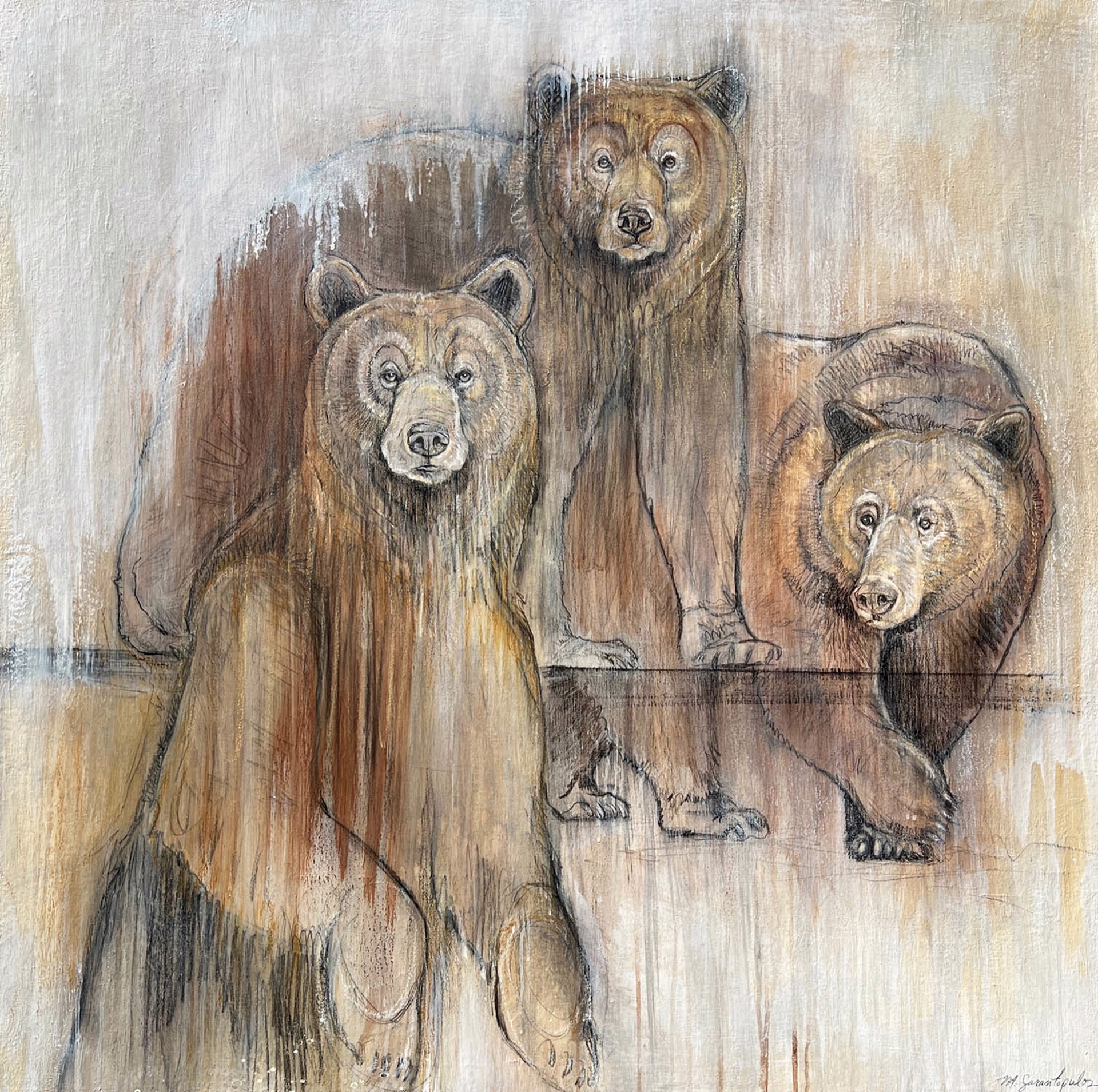 Original Mixed Media Artwork Featuring Three Grizzly Bears Sketched Onto Abstract Neutral Background With Dripping Details