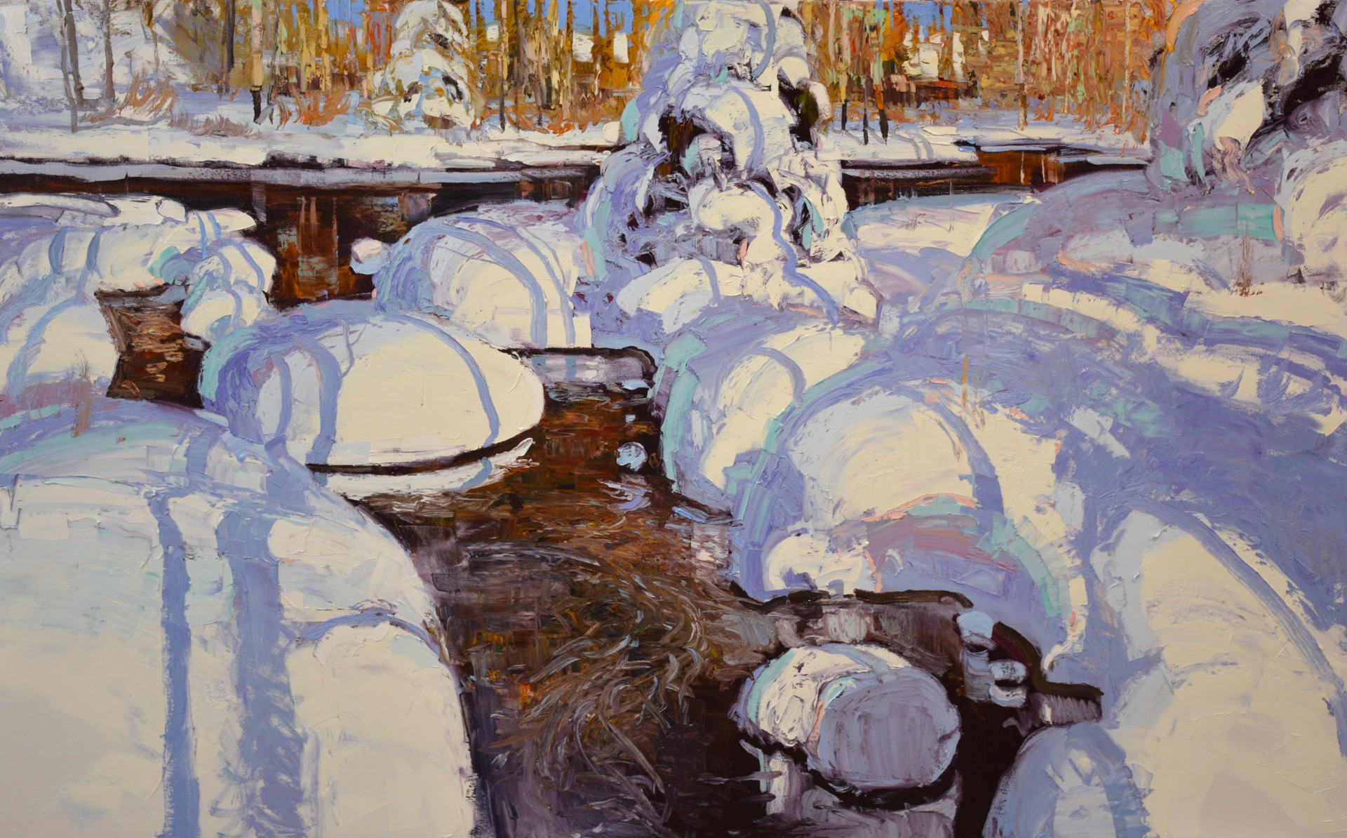 An Original Oil Painting Of Pillow Like Snow Along A Creek With Aspens, By Silas Thompson, Available At Gallery Wild