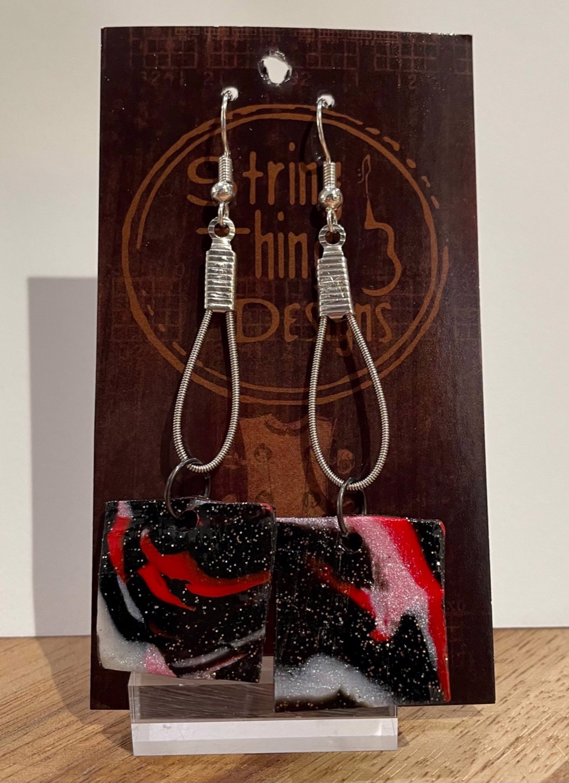 Black Square Guitar String Earrings by String Thing Designs