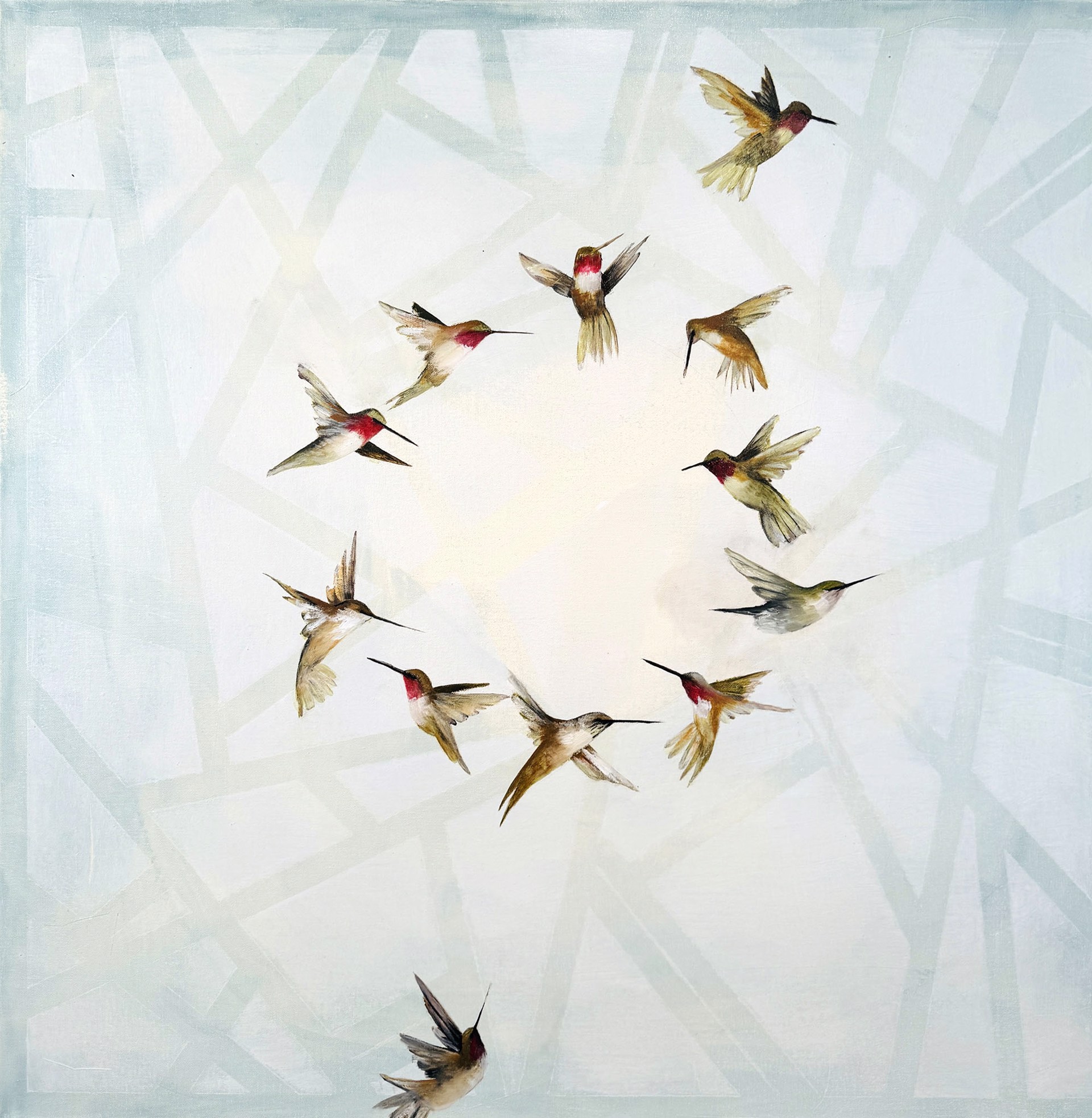 Original Oil Painting By Jenna Von Benedikt Featuring A Group Of Hummingbirds Flying In A Circular Formation On Abstract Background With Geometric Details In Soft Blue