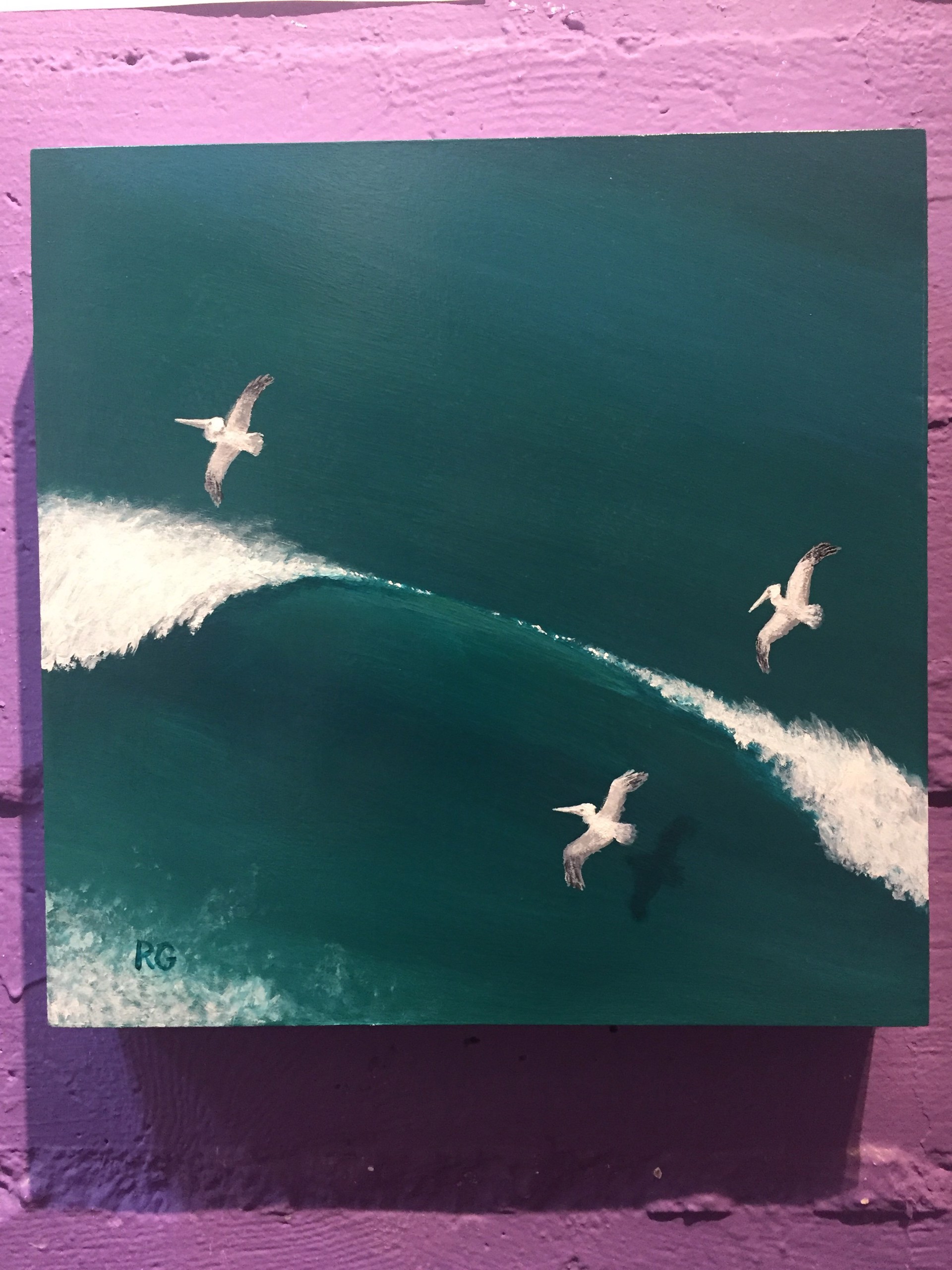 Coastal Pelicans in Surf by Ray Guichard