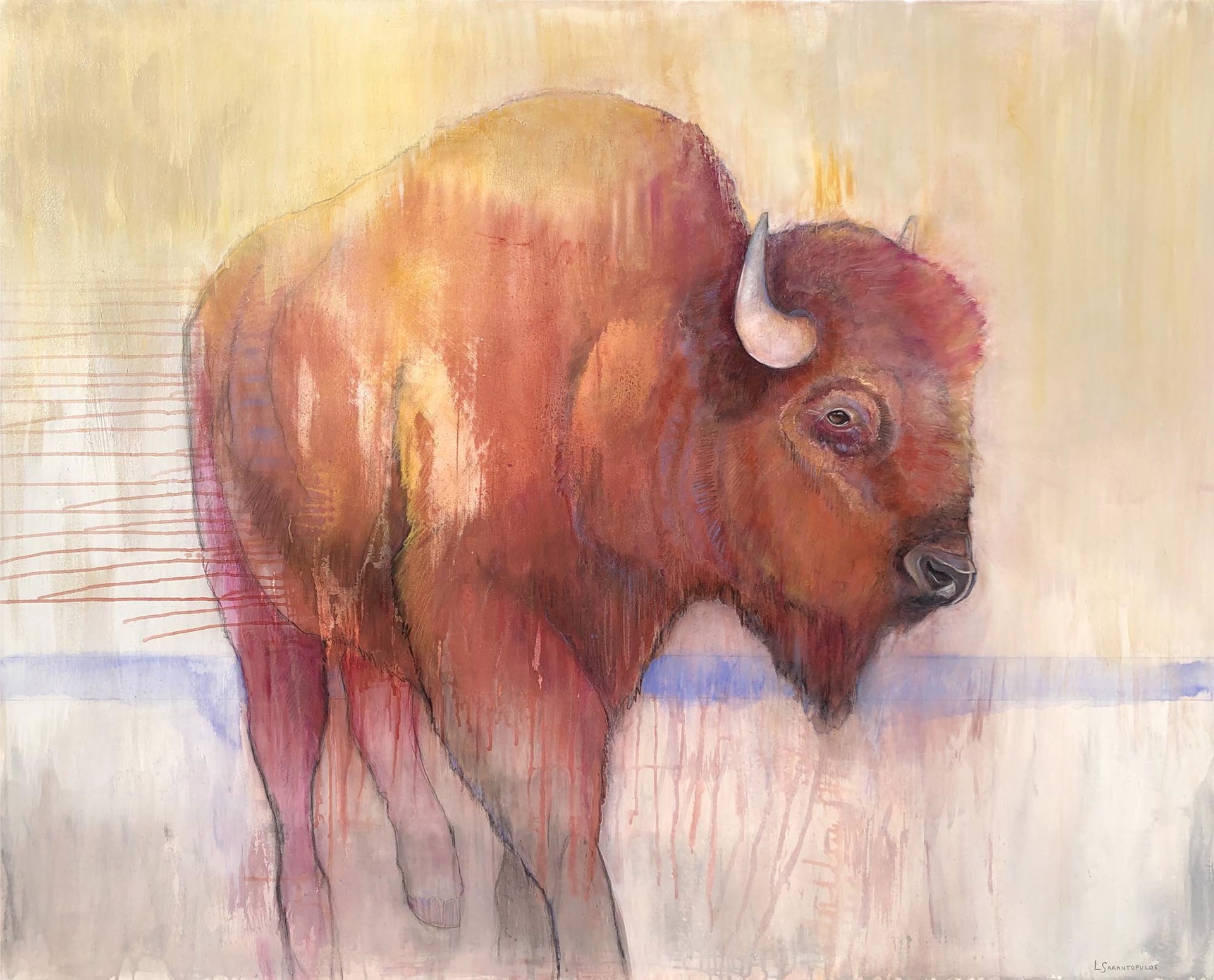 Original Mixed Media Painting Featuring A Walking Bison In Sunset Tones Over Abstract Background With Purple Horizon Line